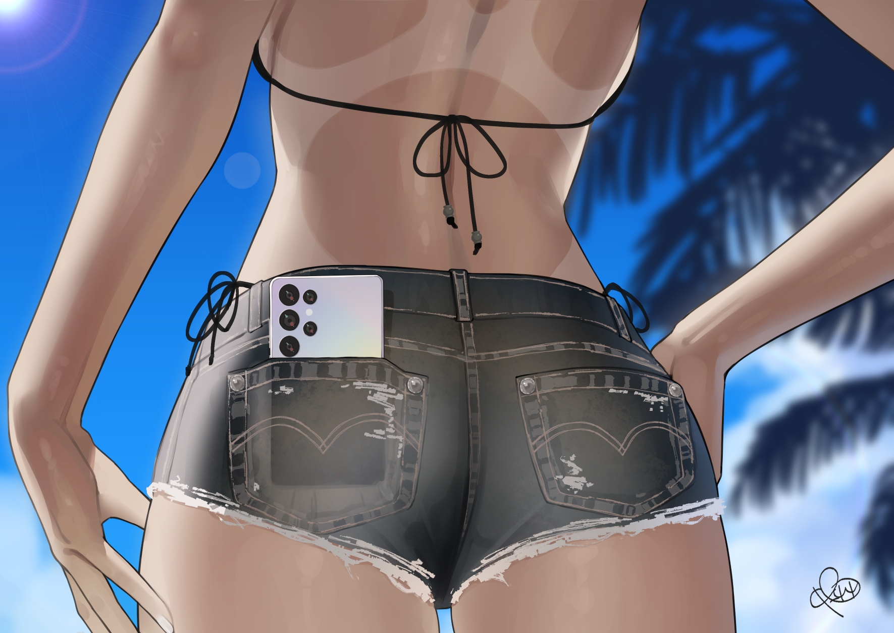 rerrere, original, commentary request, highres, 1girl, ass, ass focus, black shorts, cellphone, dark-skinned female, dark skin, day, from behind, micro shorts, one-piece tan, outdoors, phone, phone in pocket, shorts, smartphone, solo, tan, tanline