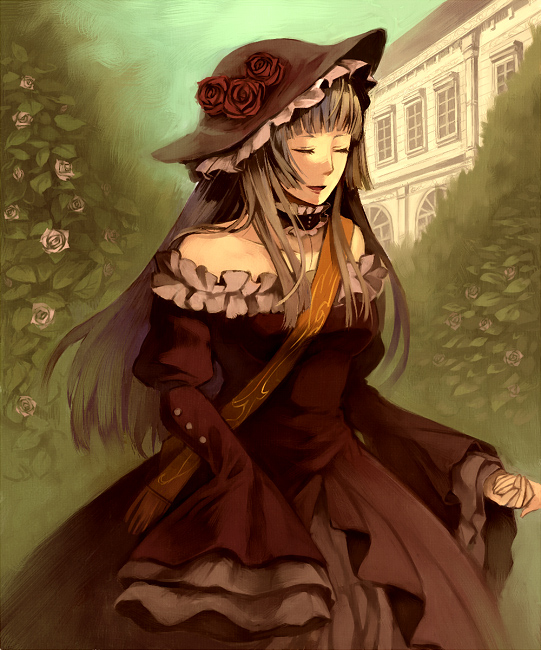hanokage, virgilia (umineko), umineko no naku koro ni, 00s, 1girl, bell line gown, closed eyes, dress, female focus, gown, hat, hime cut, nature, outdoors, puffy sleeves, sky, solo, victorian