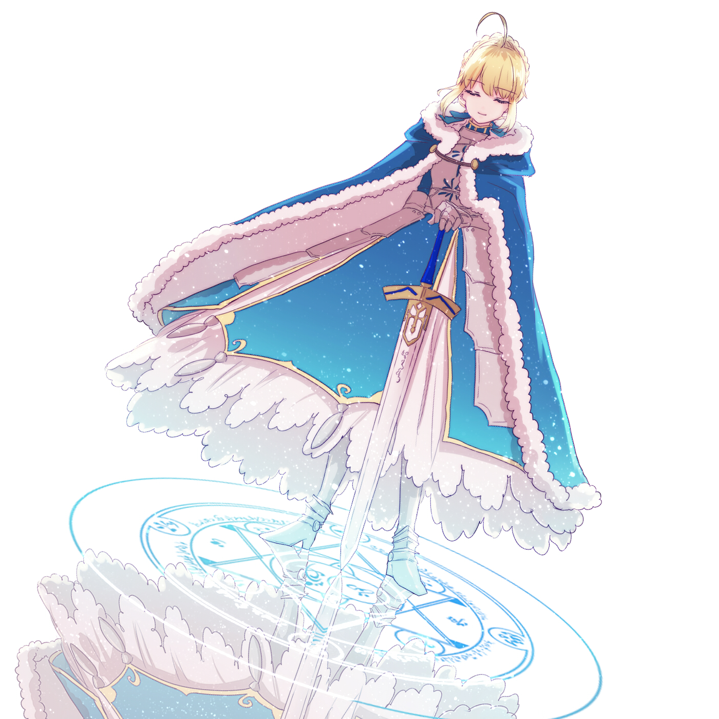 roku (ntbr fate), artoria pendragon (fate), saber (fate), fate/stay night, fate (series), commentary request, highres, 1girl, ahoge, alternate legwear, armor, armored dress, blonde hair, blue cape, cape, closed eyes, closed mouth, dress, excalibur (fate/stay night), fur-trimmed cape, fur trim, gauntlets, high heels, holding, holding weapon, magic circle, on magic circle, reflection, smile, solo, standing, sword, weapon, white background