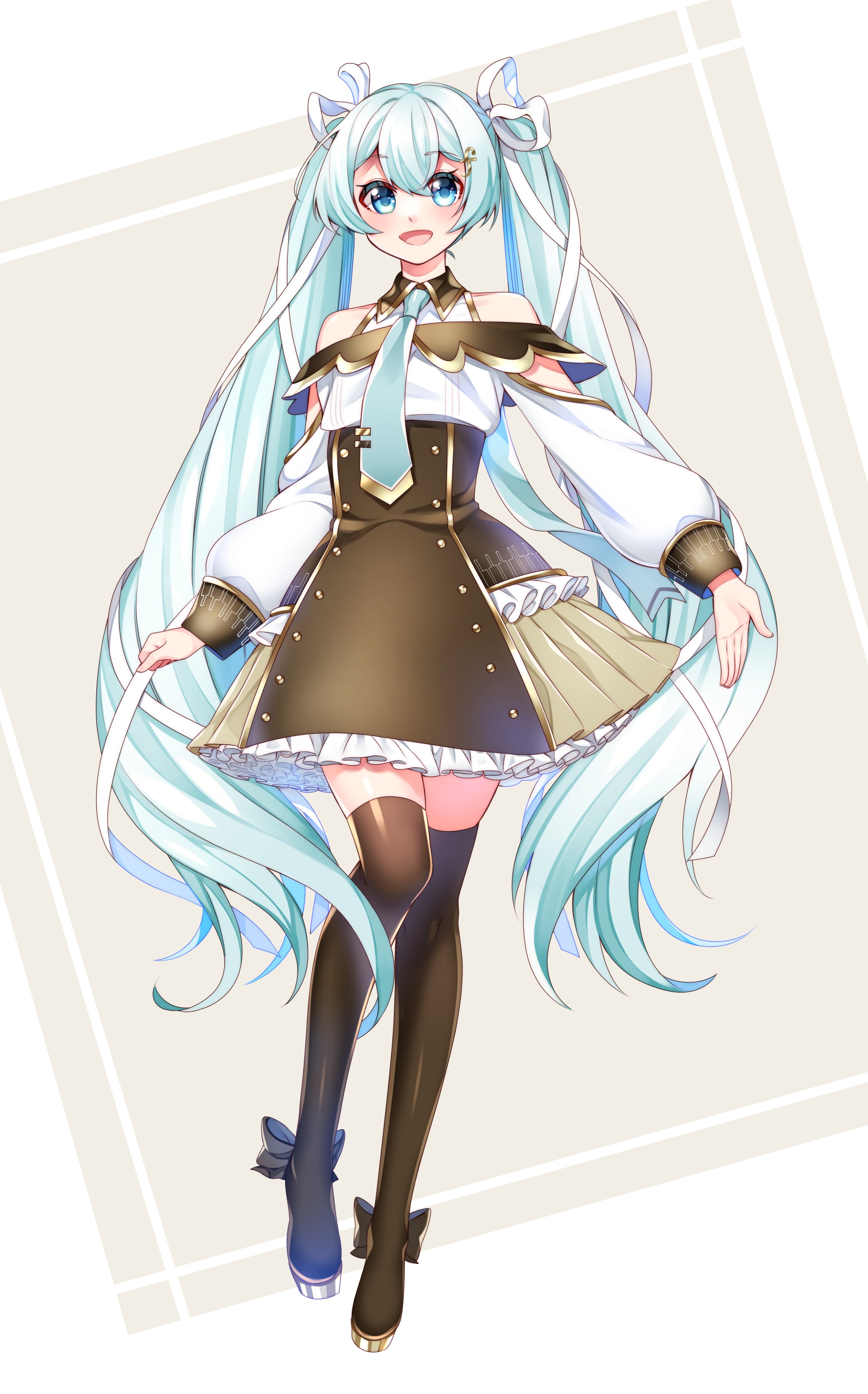 masumofu, hatsune miku, vocaloid, absurdres, commentary request, highres, 1girl, aqua necktie, bare shoulders, boots, brown boots, brown skirt, collarbone, collared dress, dress, frilled dress, frills, full body, hair between eyes, hair ornament, hair ribbon, light blush, long hair, long sleeves, looking at viewer, necktie, open mouth, ribbon, skirt, smile, solo, thigh boots, thighhighs, twintails, very long hair, white dress, white ribbon, zettai ryouiki