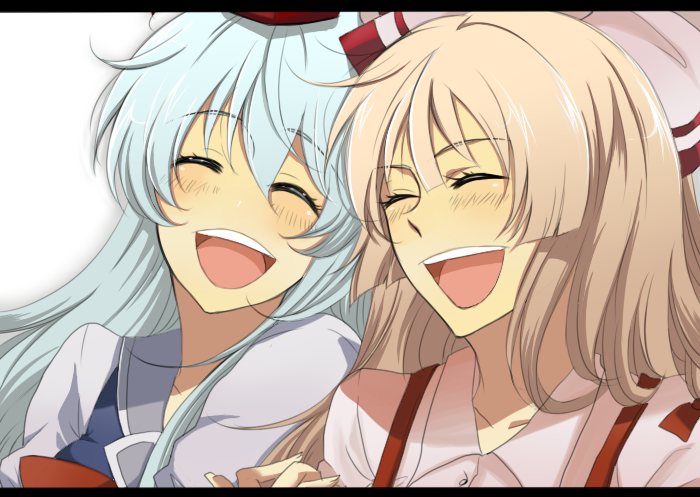 waiko, fujiwara no mokou, kamishirasawa keine, touhou, silver hair, bad id, bad pixiv id, 2girls, blue hair, blush, closed eyes, female focus, friends, hair ribbon, happy, laughing, letterboxed, long hair, multiple girls, no nose, open mouth, ribbon, shirt, suspenders, white shirt