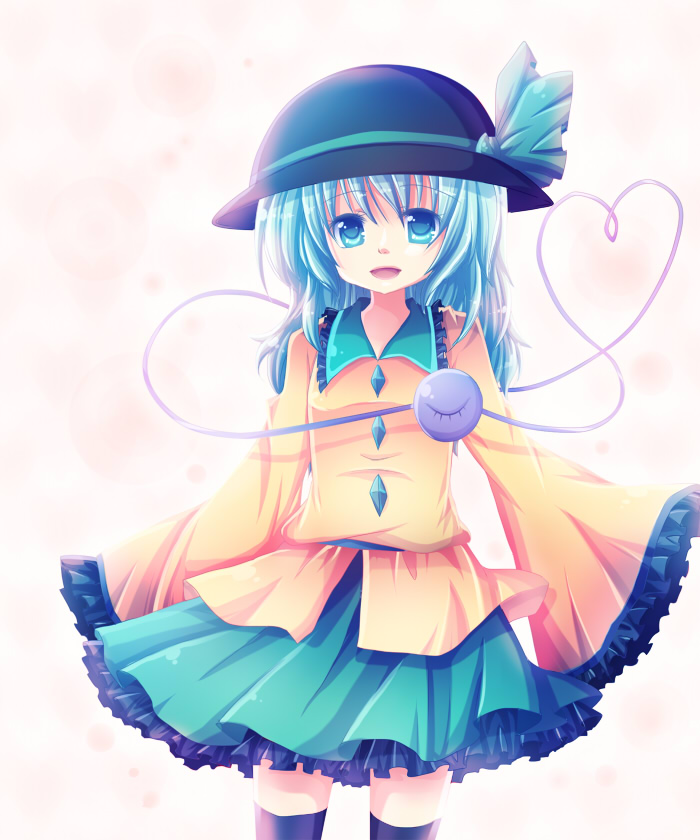kurosu, kurosu rino, komeiji koishi, touhou, 1girl, black thighhighs, blue eyes, blue hair, female focus, hat, matching hair/eyes, solo, thighhighs