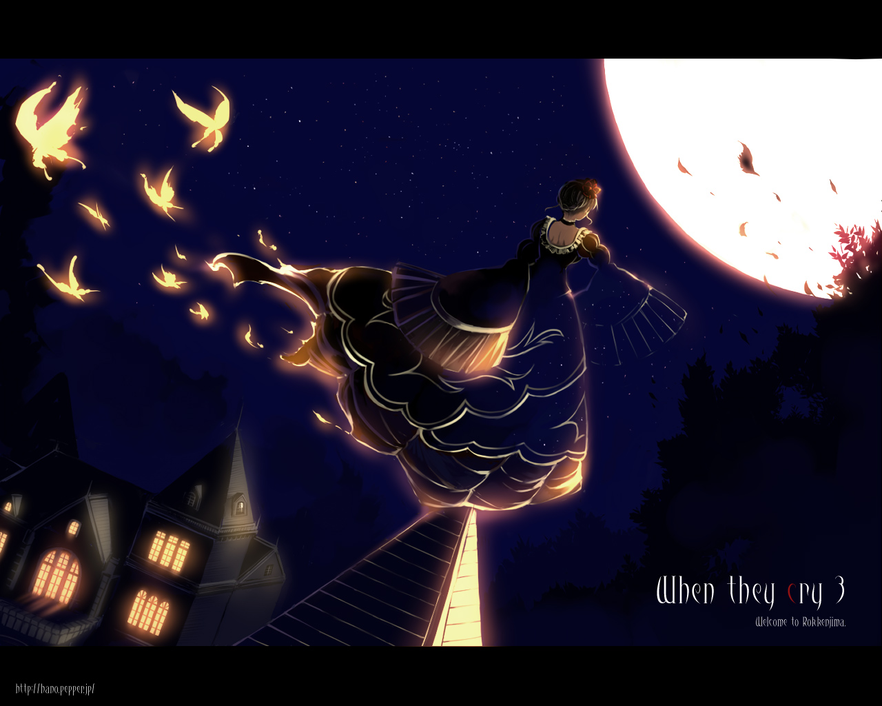 hanokage, beatrice (umineko), umineko no naku koro ni, 00s, 1girl, bug, butterfly, dark, dissolving, dress, female focus, flower, glowing, insect, letterboxed, moon, night, night sky, sky, solo, transparent, tree