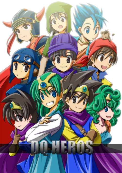 fu-ka, hero (dq1), hero (dq4), hero (dq5), hero (dq6), hero (dq7), hero (dq8), heroine (dq3), heroine (dq4), prince of lorasia, roto (dq3), chunsoft, dragon quest, dragon quest i, dragon quest ii, dragon quest iii, dragon quest iv, dragon quest v, dragon quest vi, dragon quest vii, dragon quest viii, enix, square enix, 1980s (style), 1girl, 6+boys, armor, bandana, blue eyes, brown eyes, brown hair, cape, circlet, crossover, curly hair, dual persona, gloves, goggles, green hair, helmet, multiple boys, oldschool, open mouth, smile, turban