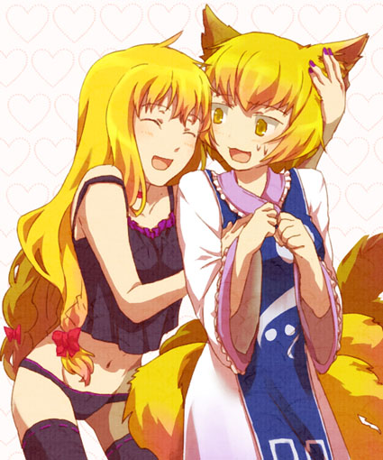 mimana, yakumo ran, yakumo yukari, touhou, 2girls, animal ears, blonde hair, camisole, closed eyes, dress, female focus, fox ears, fox tail, hair ribbon, long hair, multiple girls, multiple tails, open mouth, panties, ribbon, short hair, tail, thighhighs, underwear, white background, yellow eyes