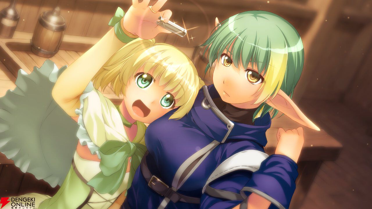 atelier-moo, elle louise, maria short, yuukyuu gensoukyoku, official art, second-party source, :d, belt, black belt, blonde hair, blue dress, blurry, blurry background, bottle, bow, breasts, capelet, choker, clenched hands, closed mouth, corset, cup, dress, elbow gloves, elf, from above, gloves, gradient hair, green bow, green capelet, green choker, green eyes, green hair, hair between eyes, hand up, holding earrings, indoors, large breasts, lips, miniskirt, multicolored hair, multiple girls, open mouth, pleated skirt, pointy ears, shirt, short hair, short twintails, skirt, small breasts, smile, standing, strapless, strapless shirt, table, twintails, upper body, yellow eyes, yuukyuu gensoukyoku revival