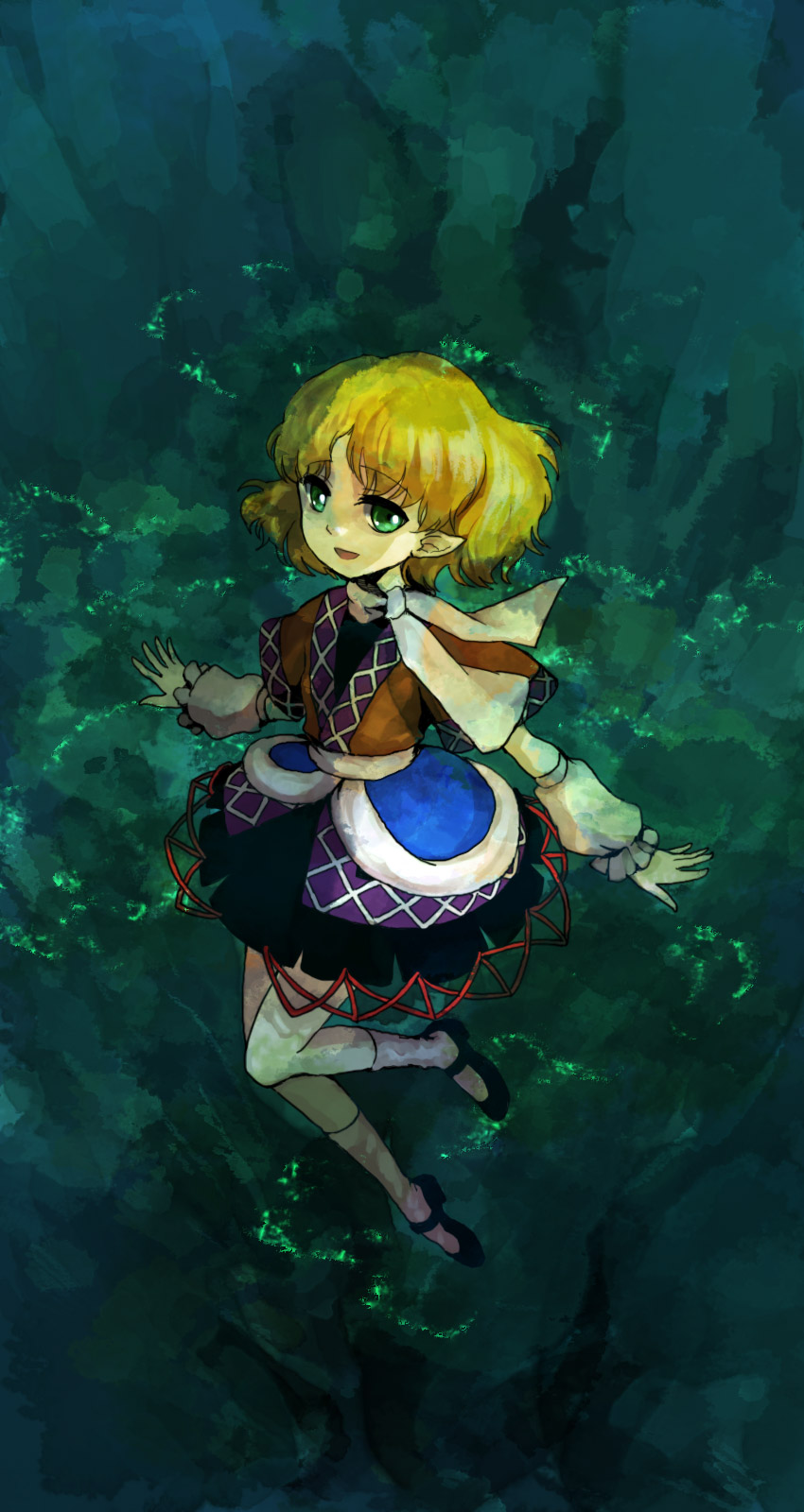 riinu (ir-n), mizuhashi parsee, touhou, highres, 1girl, arm warmers, blonde hair, female focus, full body, green eyes, mary janes, pointy ears, scarf, shoes, short hair, solo