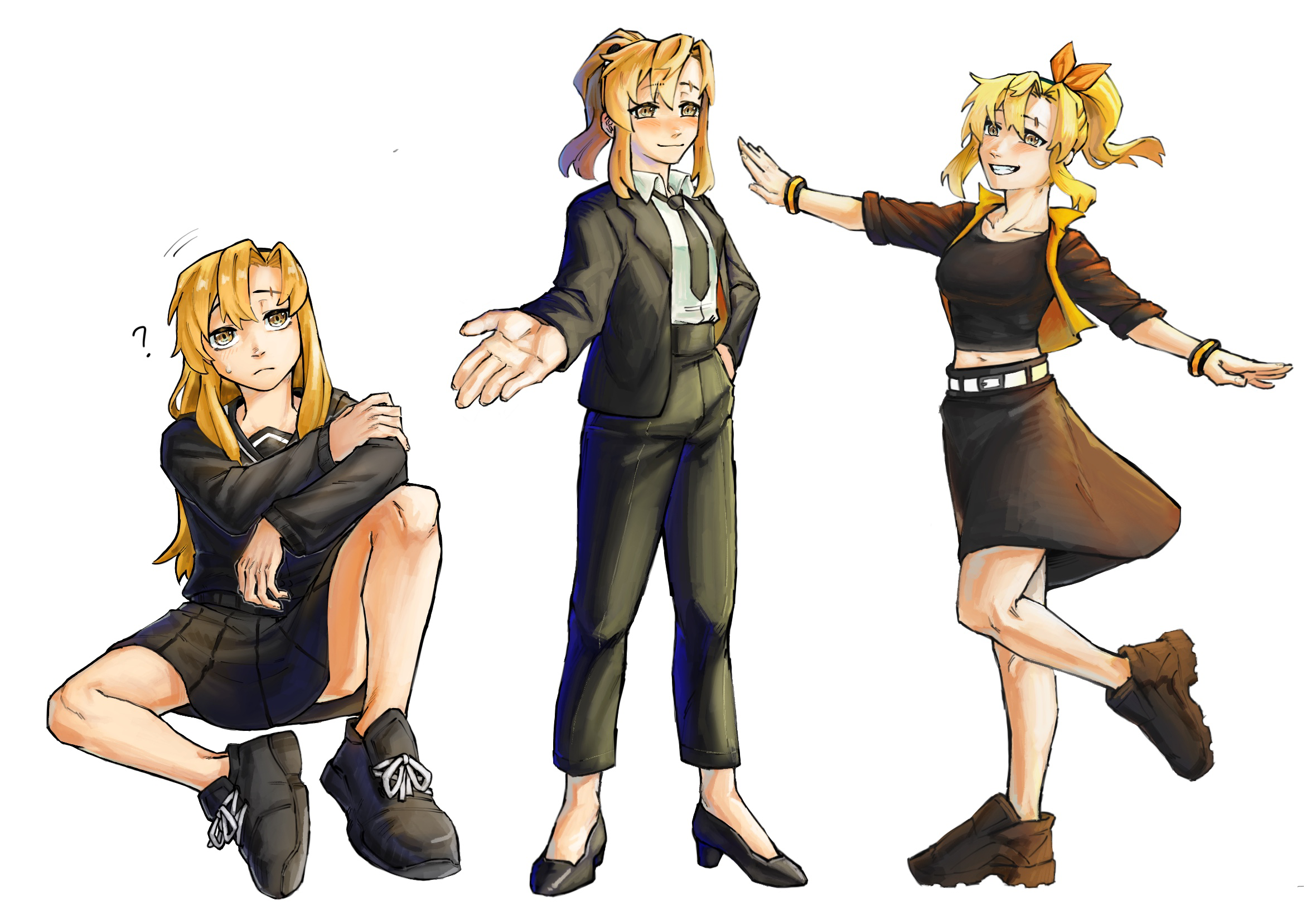 gmeg011, koishikawa iko, shy (series), commentary, highres, symbol-only commentary, 1girl, black jacket, black necktie, black pants, black sailor collar, black serafuku, black shirt, black skirt, black suit, blush, brown shoes, collarbone, formal clothes, grin, jacket, long hair, long sleeves, looking at viewer, multiple views, neckerchief, necktie, open clothes, open jacket, orange jacket, pants, pleated skirt, red neckerchief, sailor collar, scar, scar across eyebrow, scar on face, school uniform, serafuku, shirt, shoes, simple background, skirt, smile, standing, suit, teeth