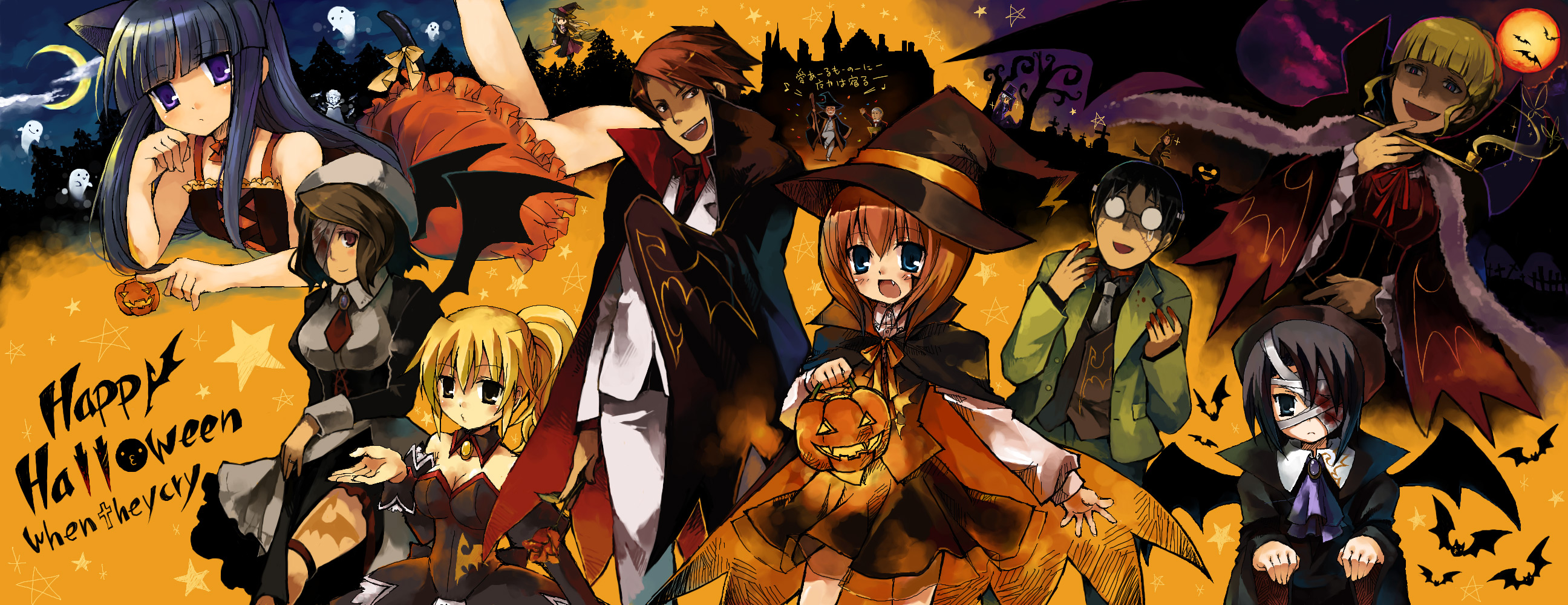 hanokage, suzushiro kurumi, beatrice (umineko), frederica bernkastel, kanon (umineko), kumasawa chiyo, ronoue genji, shannon (umineko), ushiromiya battler, ushiromiya george, ushiromiya jessica, ushiromiya kinzou, ushiromiya kyrie, ushiromiya maria, ushiromiya rosa, ushiromiya rudolf, 07th expansion, no naku koro ni (series), umineko no naku koro ni, highres, long image, wide image, 00s, 3boys, 5girls, bubble skirt, copyright name, dress, halloween, happy halloween, hat, jack-o'-lantern, kiseru, multiple boys, multiple girls, orange dress, pumpkin, skirt, smoking pipe, witch, witch hat