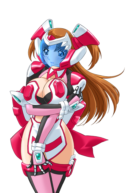 gan-chan (artist), morisaki miku, hitozuma sentai aisaiger, game cg, large variant set, non-web source, official art, variant set, 1girl, armor, blue eyes, breasts, brown hair, cleavage, gloves, headgear, helmet, large breasts, long hair, looking at viewer, magical girl, pelvic curtain, pink thighhighs, saiger rose, solo, thighhighs, transparent background, two side up