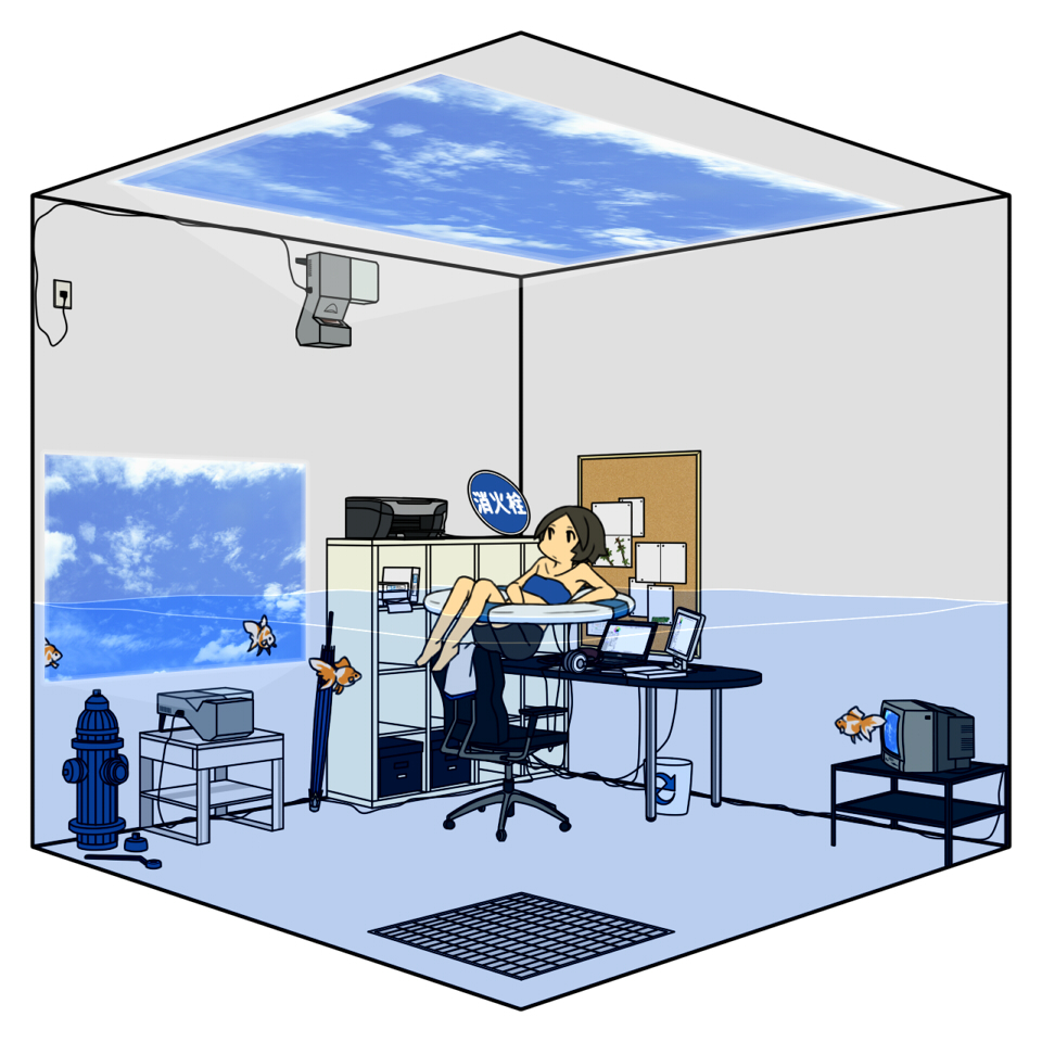 uewtsol, ruri (uewtsol), akg, original, bad id, bad pixiv id, translated, 1girl, bandeau, barefoot, bikini, chair, cloud, computer, computer keyboard, female focus, fire hydrant, fish, innertube, laptop, oil-paper umbrella, partially submerged, printer, projector, sky, soaking feet, solo, sports bikini, strapless, swim ring, swimsuit, swivel chair, television, trash can, tube top, umbrella, water