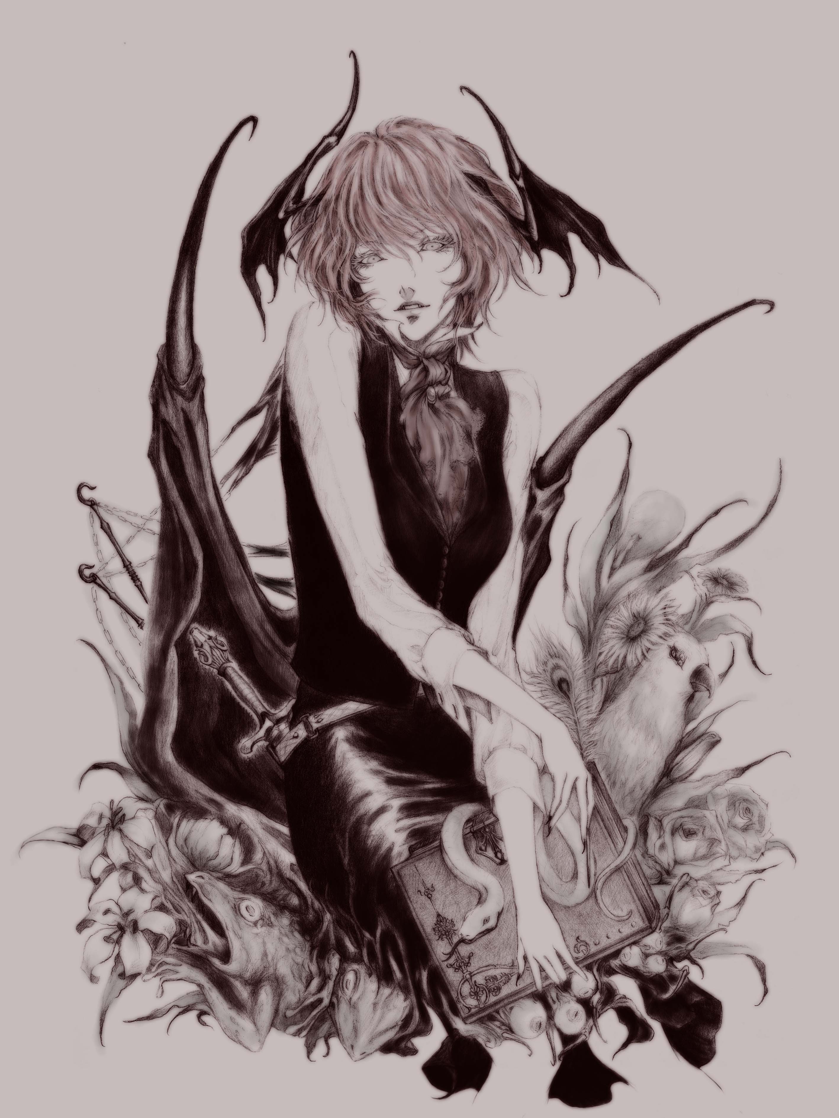 daburoku, koakuma, embodiment of scarlet devil, touhou, absurdres, highres, 1girl, ascot, bird, book, chain, eyeball, feathers, female focus, fingernails, flower, frog, head wings, hook, lips, long fingernails, monochrome, quill, short hair, sitting, smile, snake, solo, wings