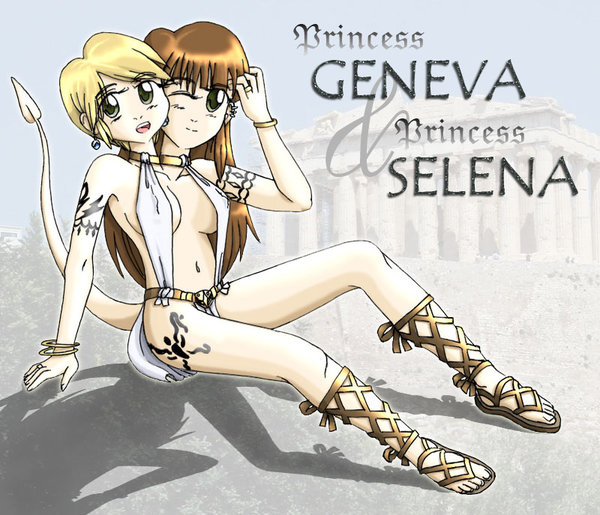 crackspider, greek, blonde hair, bracelet, breasts, brown hair, conjoined, jewelry, multiple heads, open mouth, sandals, siblings, sideboob, tail, twins, wink