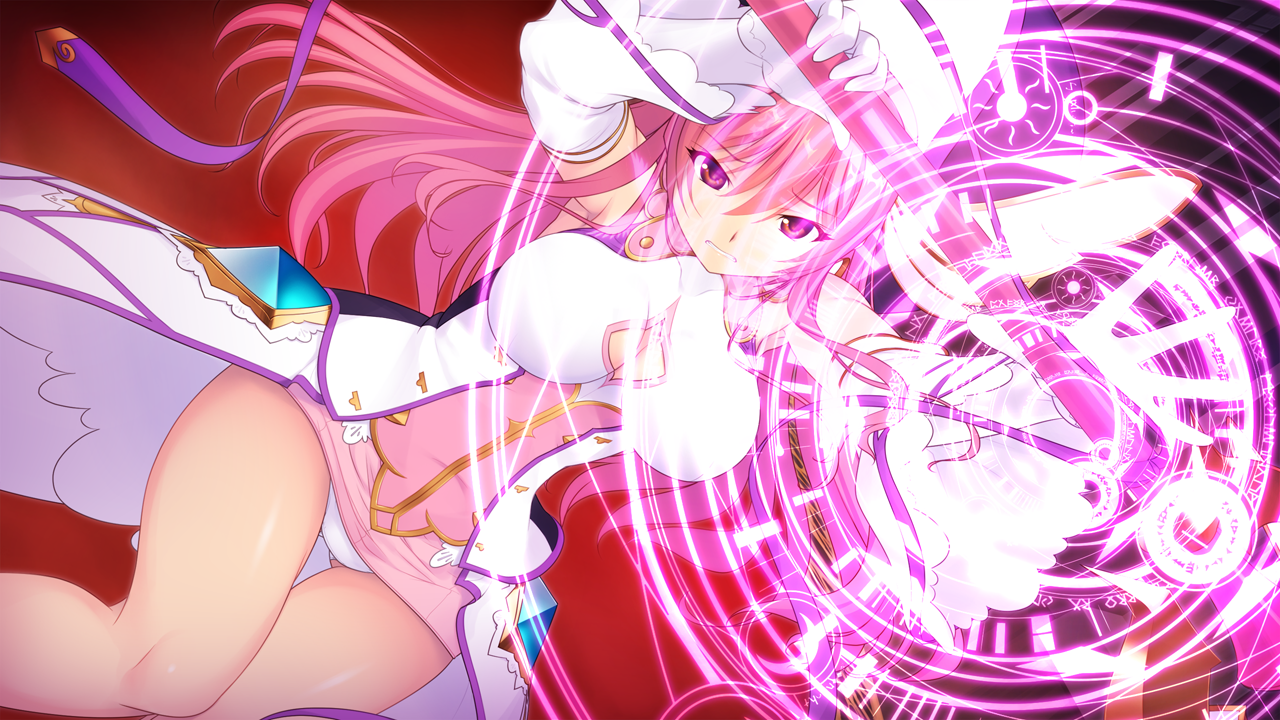 saitou natsuki, suhamaya, en ciel rena, en ciel rena (magius), tomoe rena, kourin tenshi en ciel rena, game cg, large variant set, non-web source, official art, variant set, 1girl, breasts, cleavage, cleavage cutout, clothing cutout, detached sleeves, dress, dutch angle, elbow gloves, gloves, glowing, gluteal fold, hat, holding, holding wand, large breasts, long hair, looking at viewer, magic, magic circle, magical girl, panties, pantyshot, pink eyes, pink hair, purple eyes, skirt, smile, solo, staff, thigh gap, underwear, wand, white gloves, white panties