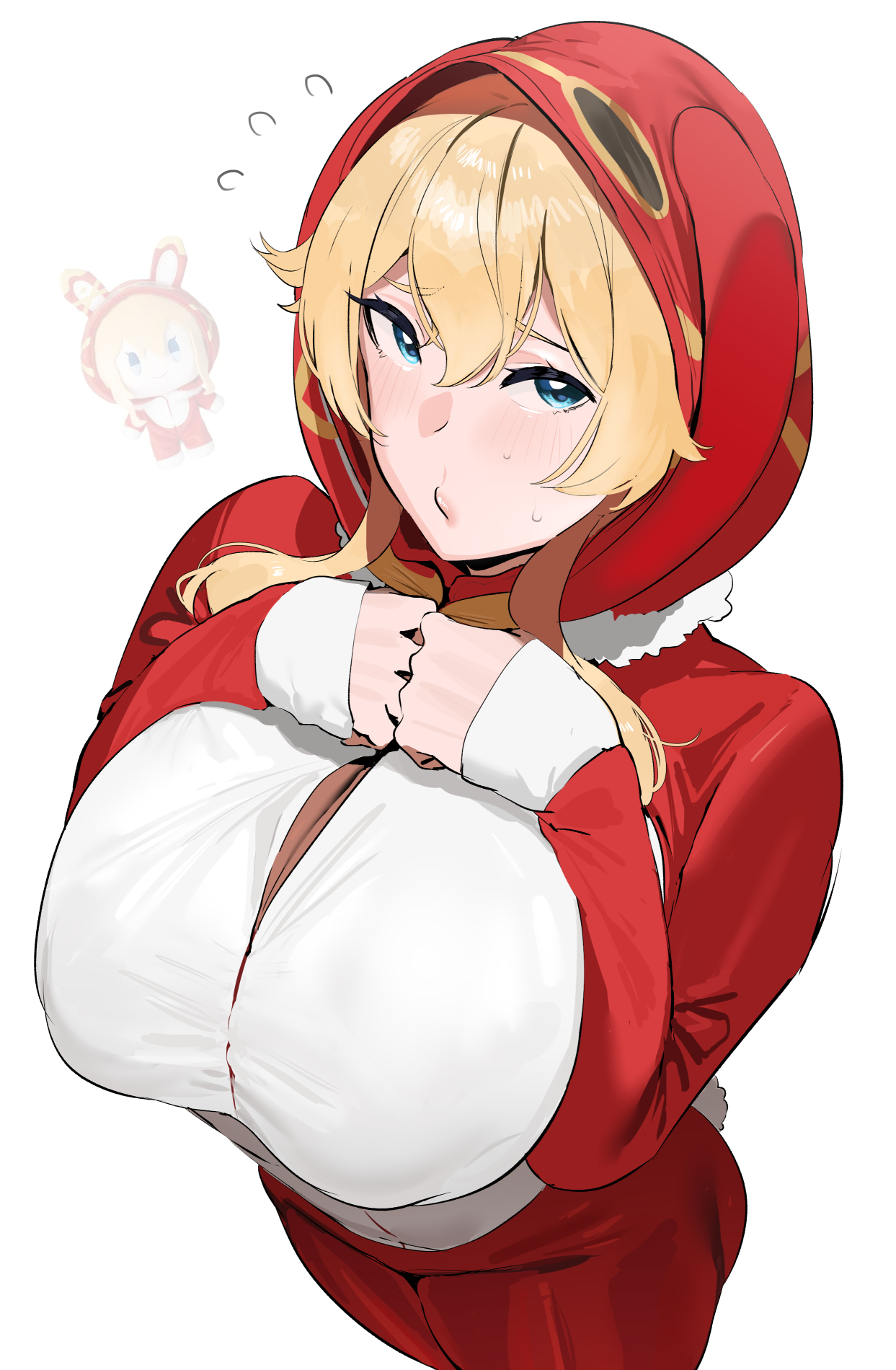 okpriko, baron bunny (genshin impact), jean (genshin impact), genshin impact, commentary, english commentary, highres, 1girl, alternate breast size (larger), animal costume, baron bunny (genshin impact) (cosplay), blonde hair, blue eyes, blush, breasts, cleavage, cosplay, flying sweatdrops, hair between eyes, hood, hood up, huge breasts, looking at viewer, rabbit costume, red hood, reference inset, solo, white background