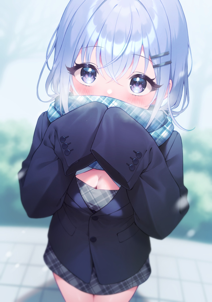shirasato (phzm8733), suzuki hana, idolmaster, idolmaster shiny colors, commentary request, highres, 1girl, blue eyes, blue hair, blurry, blurry background, blush, breasts, cleavage, covered mouth, crossed bangs, depth of field, hair ornament, hairclip, jacket, looking at viewer, outdoors, plaid clothes, plaid scarf, scarf, scarf over mouth, sleeves past fingers, sleeves past wrists, solo