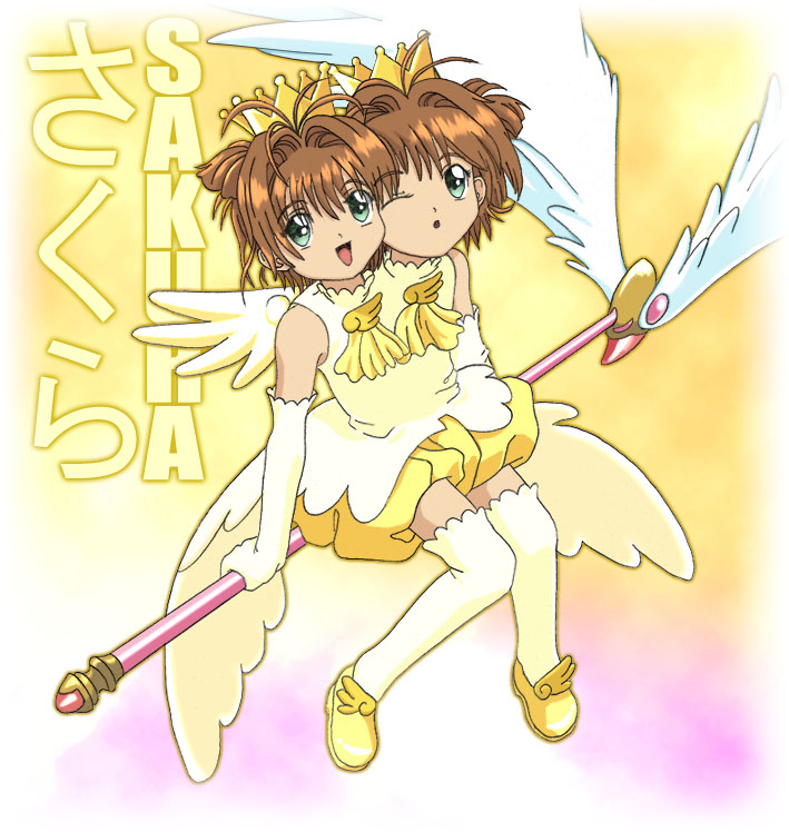 crackspider, angel, bloomers, brown hair, conjoined, crown, green eyes, multiple heads, staff, thighhighs, underwear, what, wings