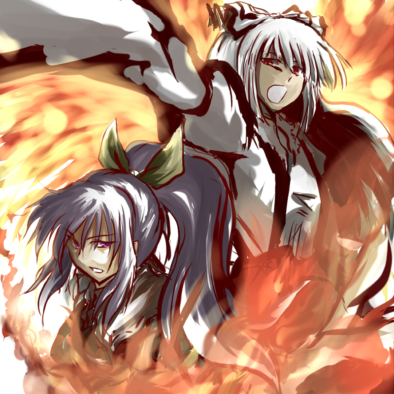 haji (hajiko), hajiko, fujiwara no mokou, watatsuki no yorihime, touhou, 2girls, female focus, fire, hair ribbon, multiple girls, ponytail, ribbon