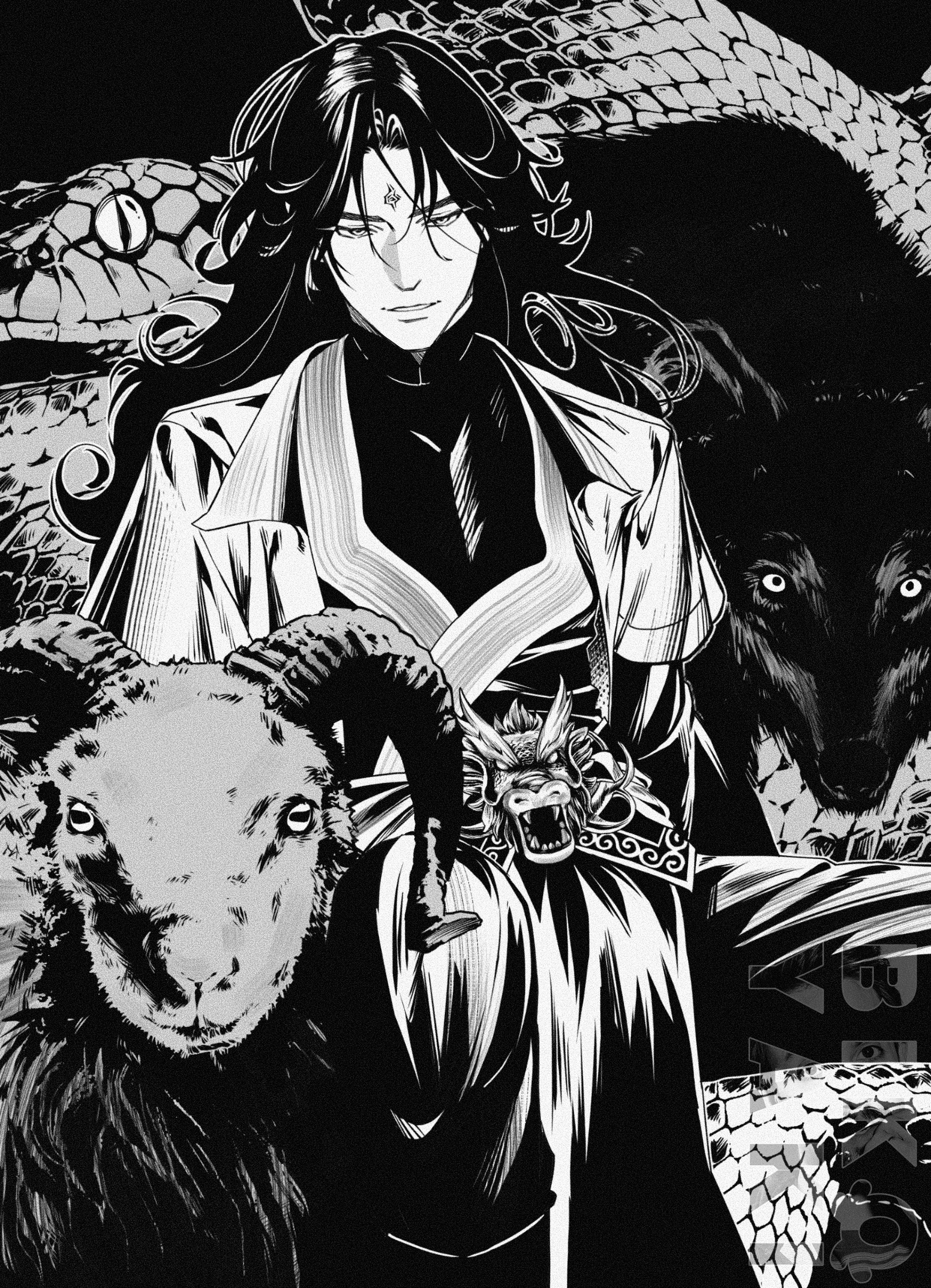 luo binghe, zuiyin, renzha fanpai zijiu xitong, absurdres, commentary, english commentary, highres, 1boy, bikoyaki, black background, black hair, chinese clothes, covered pectorals, cowboy shot, curly hair, curtained hair, dark, facial mark, forehead mark, hair between eyes, hanfu, high collar, knee up, layered sleeves, long hair, long sleeves, looking at viewer, male focus, monochrome, outline, parted bangs, parted lips, pectorals, sheep, smirk, snake, solo, symbolism, thick eyebrows, v-shaped eyebrows, watermark, white outline, wolf
