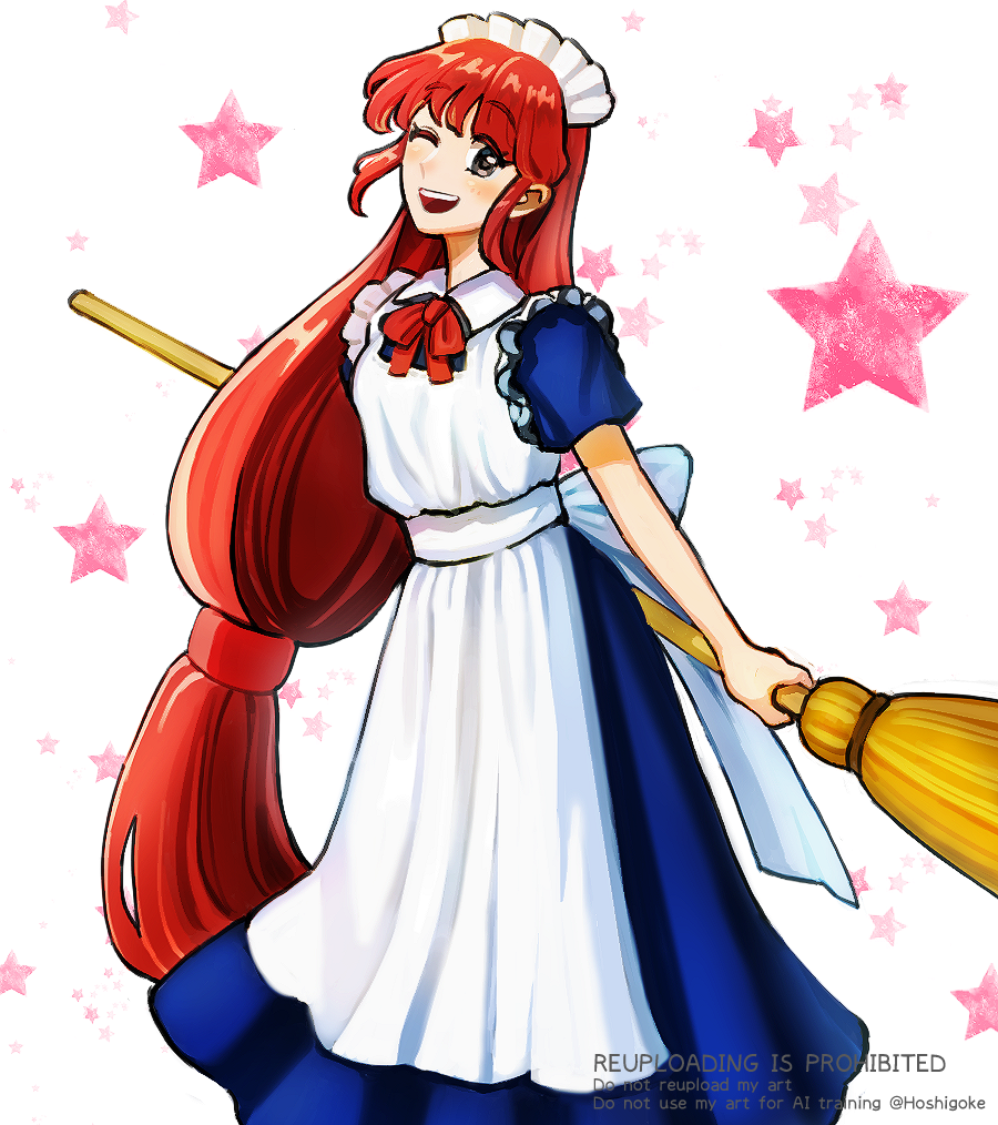 yomogi banashi, vivit, seihou, commentary, 1girl, apron, bow, broom, dress, grey eyes, holding, long hair, long skirt, low-tied long hair, maid, maid apron, maid headdress, one eye closed, open mouth, red hair, short sleeves, skirt, smile, solo, star (symbol), very long hair, watermark