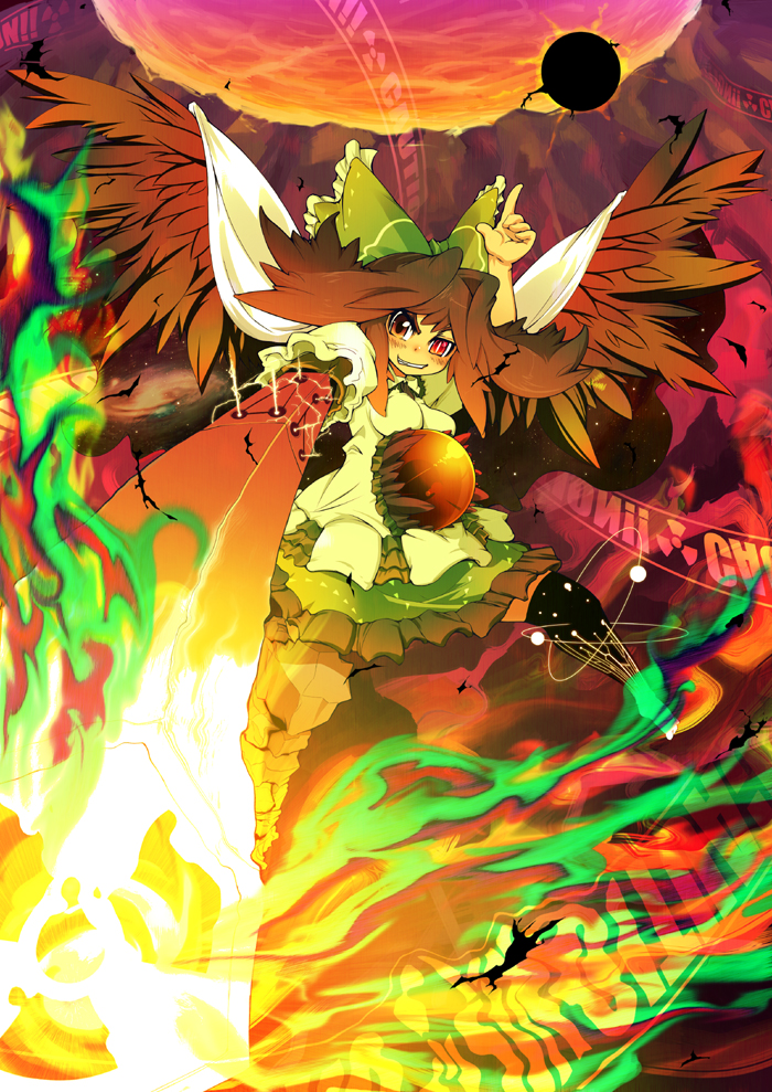 kage houshi, reiuji utsuho, touhou, 1girl, black sun, bow, brown eyes, brown hair, female focus, fire, grin, heterochromia, long hair, pointing, radiation symbol, red eyes, smile, solo, sun, wings