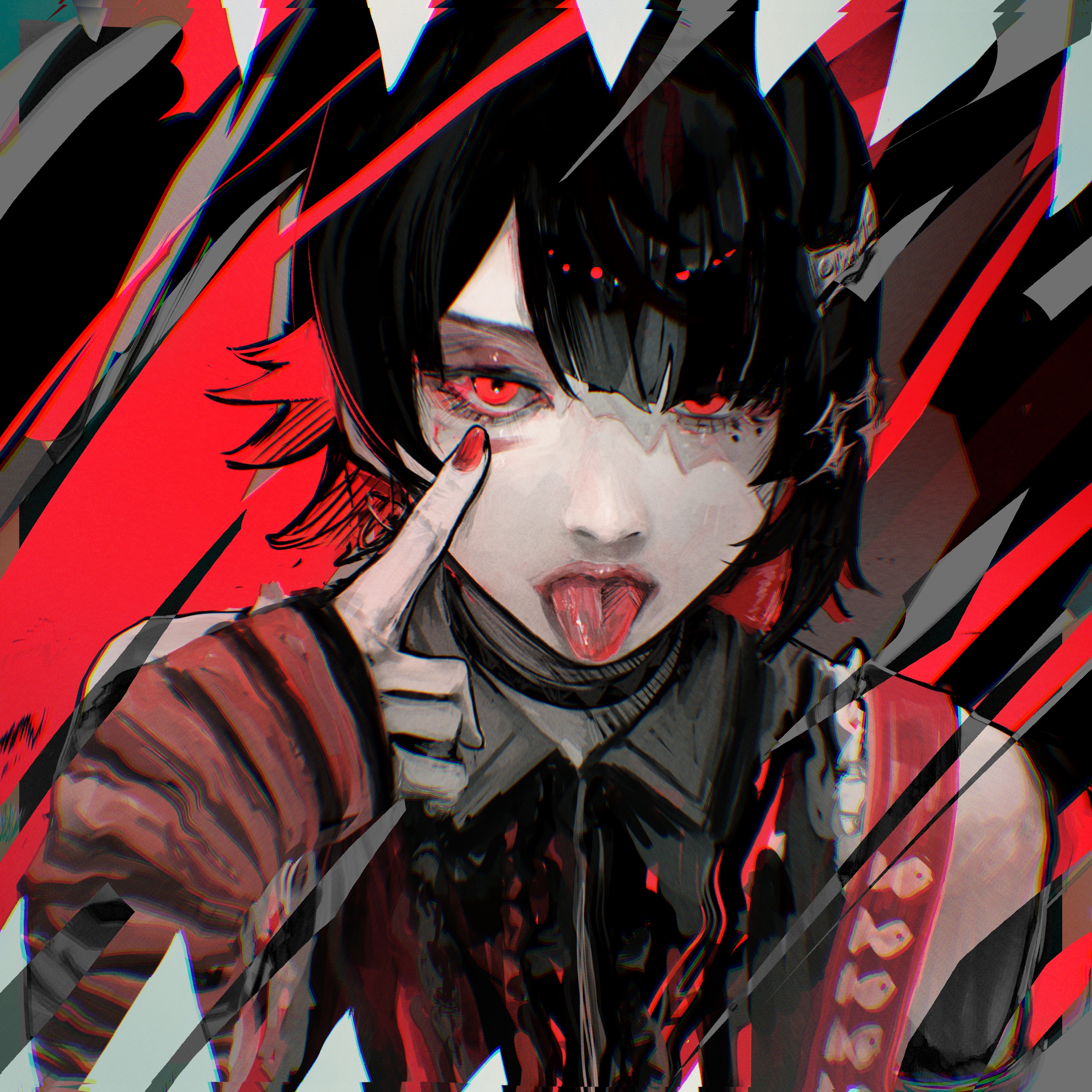 sanshoku dango (shukosuko), ellen joe, zenless zone zero, absurdres, commentary request, highres, 1girl, akanbe, alternate costume, animal print, bare shoulders, black background, black choker, black hair, black jacket, choker, colored inner hair, detached sleeves, eyelid pull, finger to eye, fish print, jacket, looking at viewer, mole, mole under eye, multicolored hair, razor blade hair ornament, red background, red eyes, red nails, shark girl, short hair, sleeves past wrists, solo, striped sleeves, tongue, tongue out, two-tone background, upper body