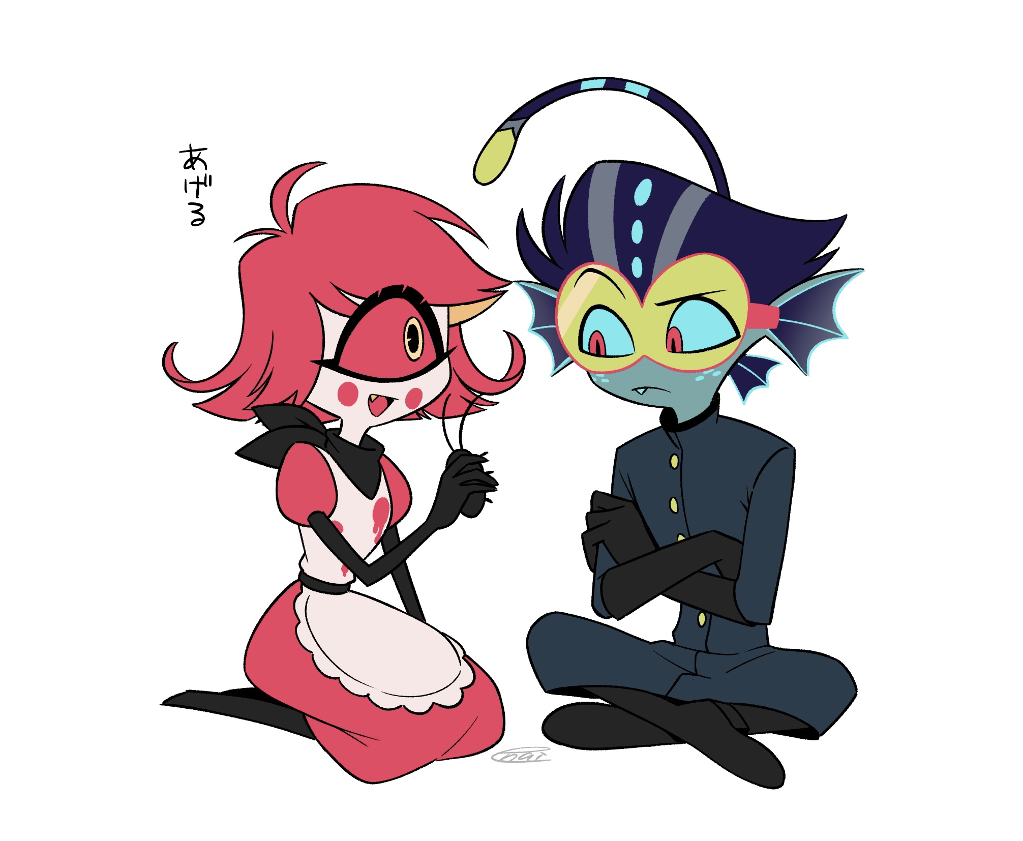 menma (enaic31), niffty (hazbin hotel), hazbin hotel, hellaverse, commentary request, highres, translated, 1boy, 1girl, :d, antenna hair, apron, arm at side, arm support, bandana, bandana around neck, baxter (hazbin hotel), belt, black bandana, black belt, black boots, black gloves, black hair, blue jacket, blue pants, blue sclera, boots, breasts, bug, buttons, circle facial mark, closed mouth, cockroach, colored sclera, colored skin, crossed ankles, crossed arms, cyclops, dress, elbow gloves, fang, fewer digits, fins, flat color, flipped hair, freckles, frilled apron, frills, frown, full body, gloves, goggles, grey skin, hand up, head fins, high heel boots, high heels, holding bug, indian style, insect, jacket, knee boots, looking at another, maid apron, medium dress, one-eyed, open mouth, pants, puffy short sleeves, puffy sleeves, raised eyebrow, red-framed eyewear, red dress, red eyes, red sclera, seiza, short hair, short sleeves, signature, simple background, sitting, small breasts, smile, tinted eyewear, turtleneck, turtleneck jacket, very short hair, white apron, white background, white skin, yellow-tinted eyewear, yellow eyes