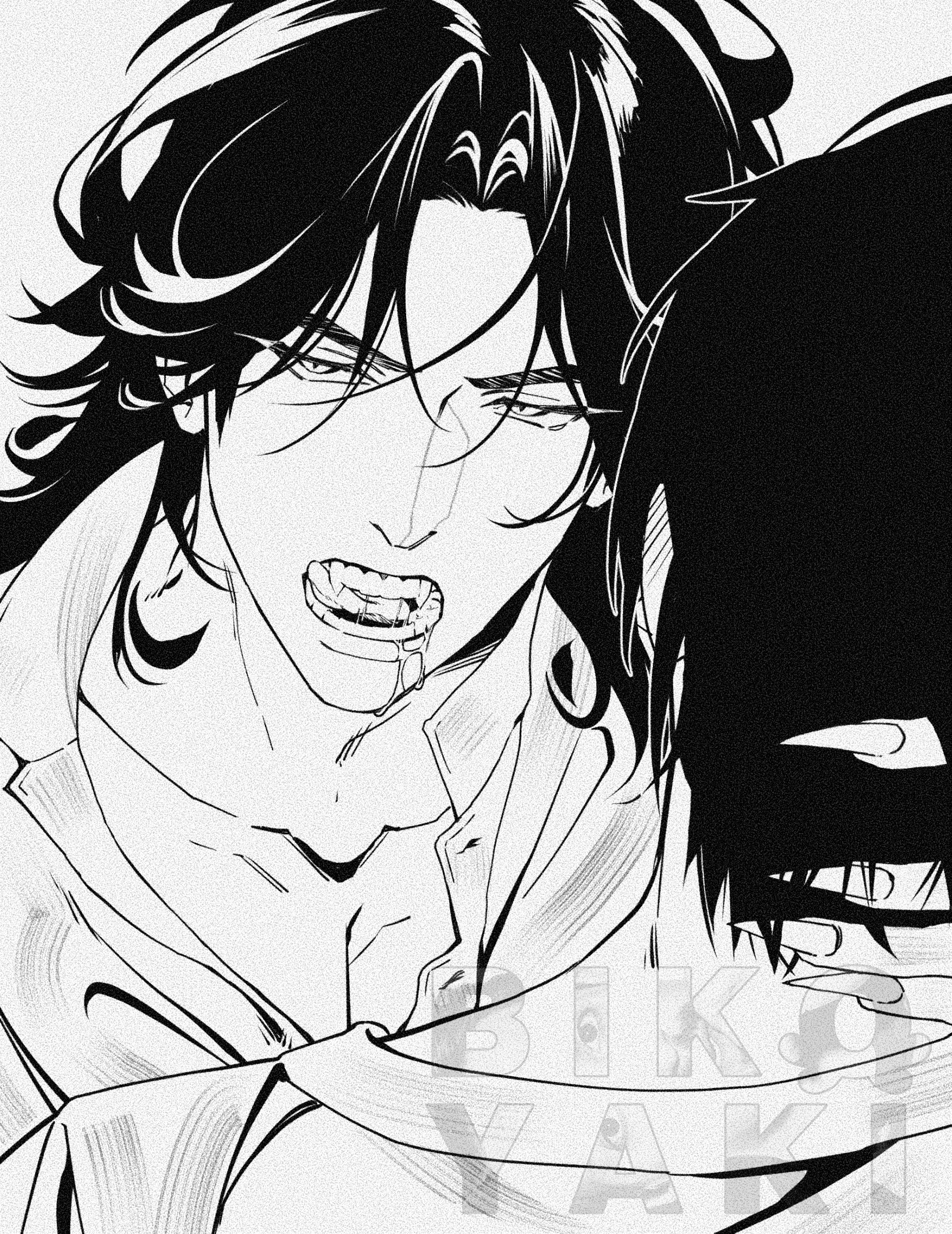luo binghe, renzha fanpai zijiu xitong, highres, 2boys, bikoyaki, blood, blood from mouth, blush, collarbone, collared shirt, curtained hair, ear blush, fangs, fangs out, fingernails, half-closed eyes, hand on another's neck, head tilt, implied yaoi, long fingernails, long hair, looking at viewer, male focus, monochrome, multiple boys, open mouth, parted bangs, pectoral cleavage, pectorals, sharp fingernails, shen yuan, shirt, short hair, teeth, thick eyebrows, v-shaped eyebrows, vampire, watermark, white background, wolf cut