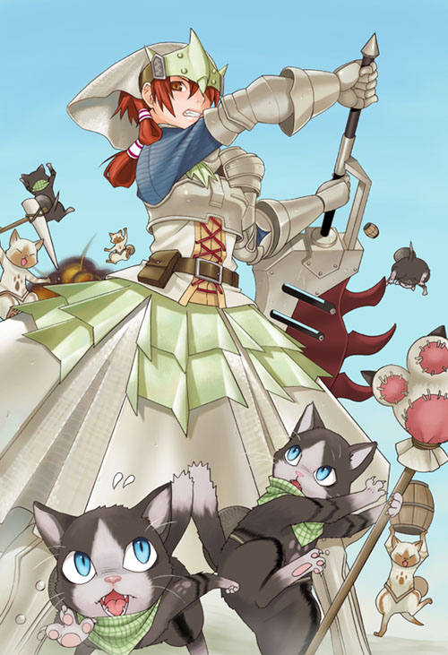 mattaku mousuke, capcom, monster hunter (series), angry, armor, brown hair, cat, gauntlets, huge weapon, pawpads, sword, weapon