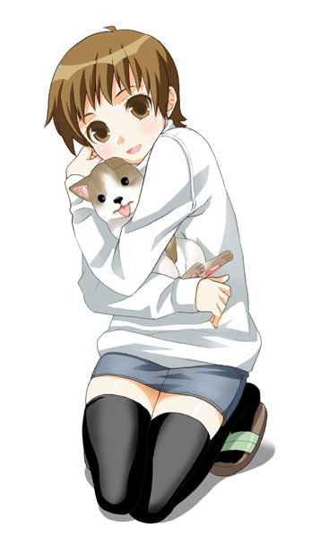 mattaku mousuke, 1girl, baby animal, blush, brown eyes, brown hair, dog, female focus, hug, hug from behind, kneeling, pencil skirt, puppy, sandals, short hair, simple background, skirt, solo, thighhighs, zettai ryouiki