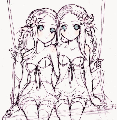 mattaku mousuke, original, 2girls, bare shoulders, blue eyes, blush, braid, flower, garter belt, lingerie, long hair, monochrome, multiple girls, negligee, on swing, pointy ears, sketch, smile, swing, thighhighs, underwear