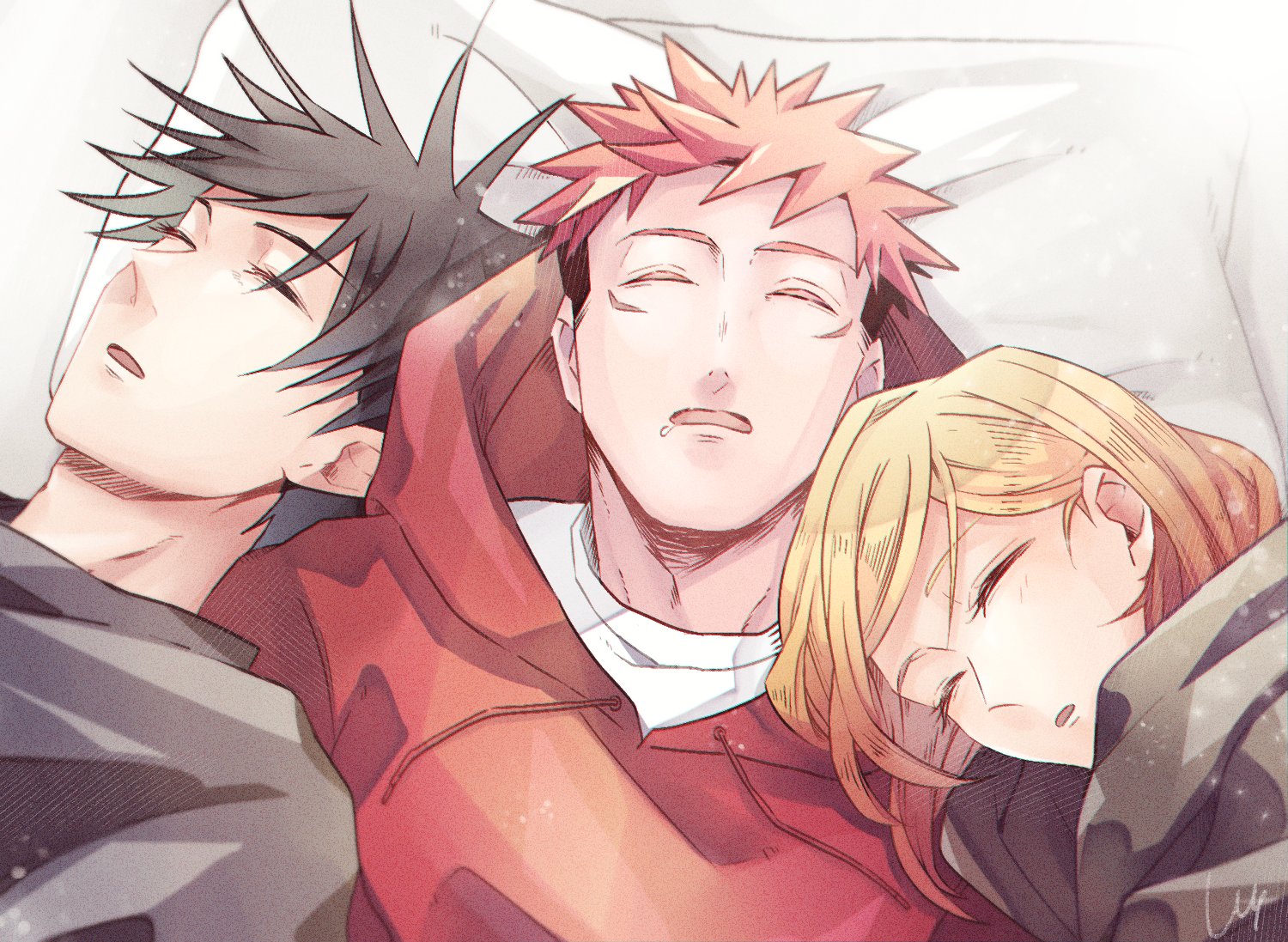 sin 3794, fushiguro megumi, itadori yuuji, kugisaki nobara, jujutsu kaisen, commentary request, 1girl, 2boys, black hair, black hoodie, black shirt, brown hair, closed eyes, drooling, hair behind ear, hood, hood down, hoodie, lying, multiple boys, on back, on side, open mouth, parted lips, pillow, pink hair, red hoodie, shirt, short hair, sleeping, spiked hair, upper body