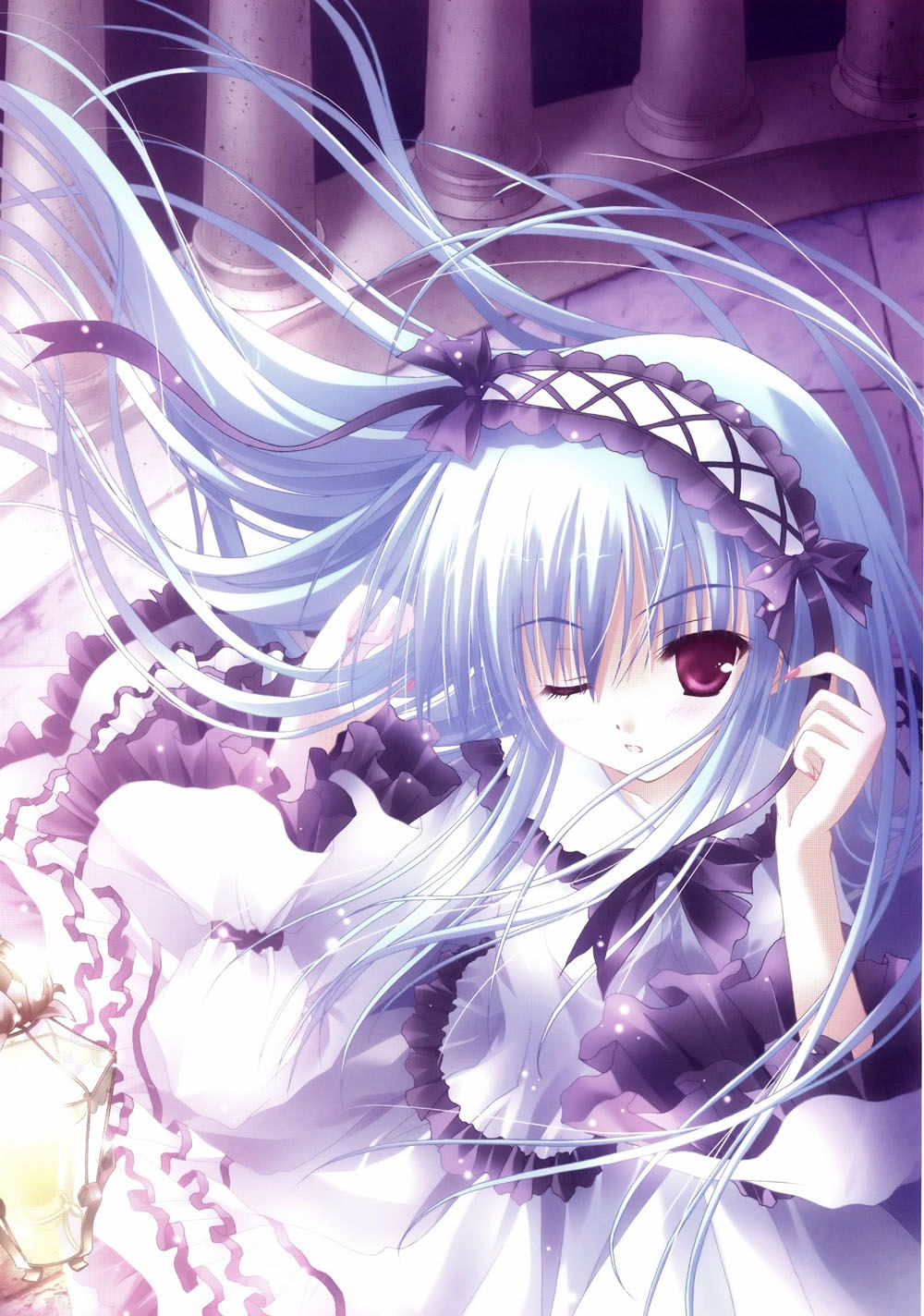 tinker bell (pixiv 10956015), highres, 1girl, blue hair, female focus, lolita fashion, long hair, nail polish, one eye closed, pink nails, purple eyes, solo, wink