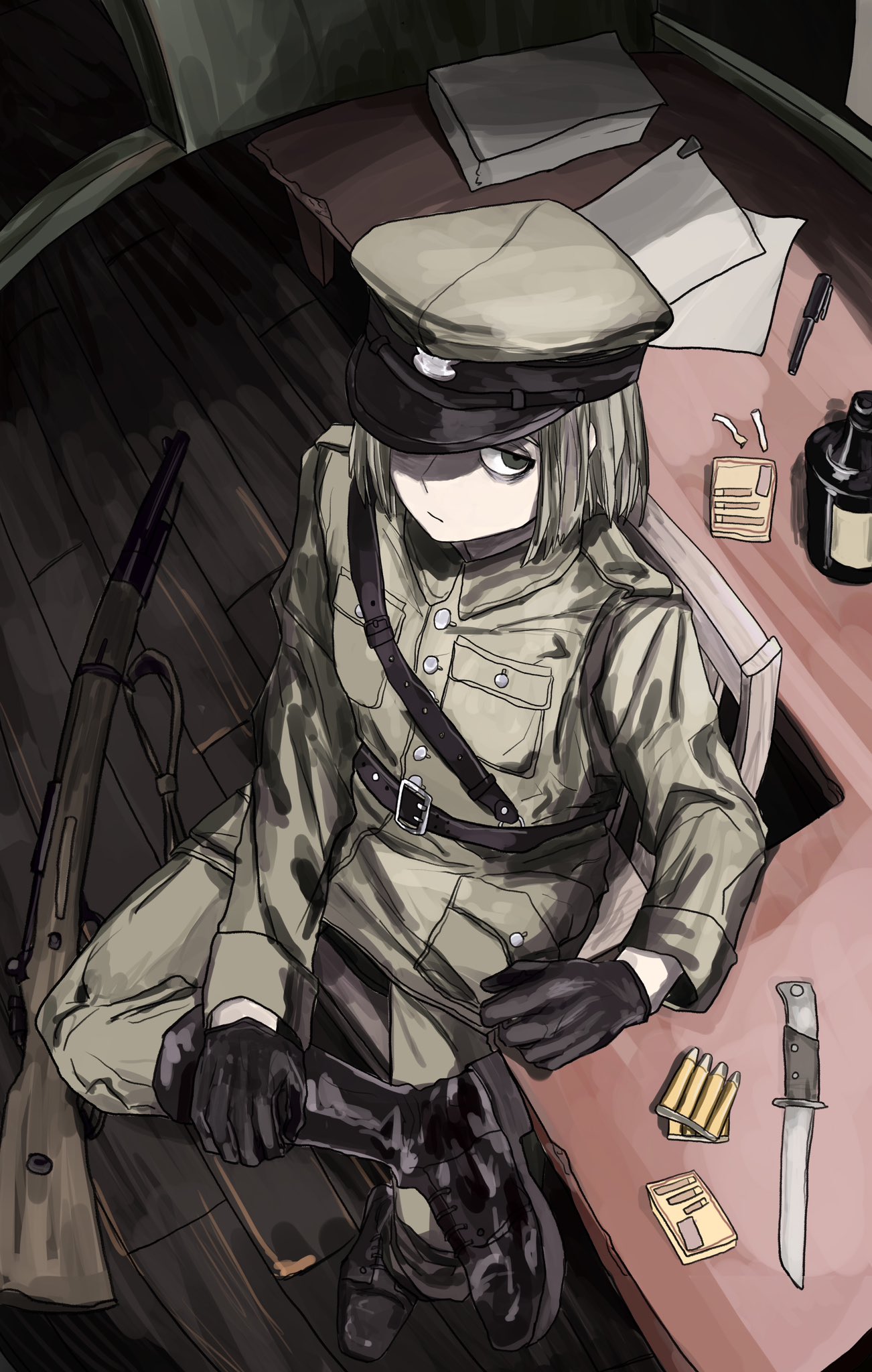 poland (hetalia), axis powers hetalia, highres, 1boy, belt, black belt, black boots, black gloves, blonde hair, boots, bottle, breast pocket, bullet, buttons, chair, closed mouth, collared jacket, crossed legs, dagger, floor, full body, gloves, green eyes, green hat, green jacket, green pants, gun, half-closed eyes, hat, indoors, jacket, kiguchi05, knife, leather, leather boots, long sleeves, looking afar, male focus, military, military hat, military jacket, military uniform, on chair, pants, paper, peaked cap, pen, pocket, rifle, short hair, sitting, sniper rifle, solo, table, weapon