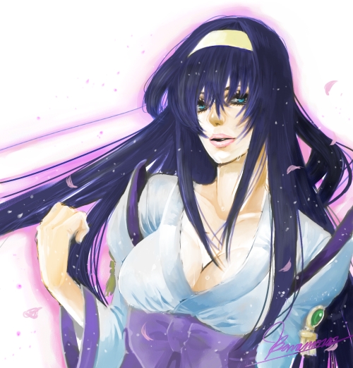 banamons, himemiya chikane, kannazuki no miko, 00s, 1girl, blue eyes, blue hair, bow, breasts, cleavage, detached sleeves, female focus, gradient background, hair bow, hairband, japanese clothes, large breasts, lips, lipstick, long hair, long sleeves, makeup, matching hair/eyes, miko, open mouth, petals, realistic, signature, solo, white background, wide sleeves, wind