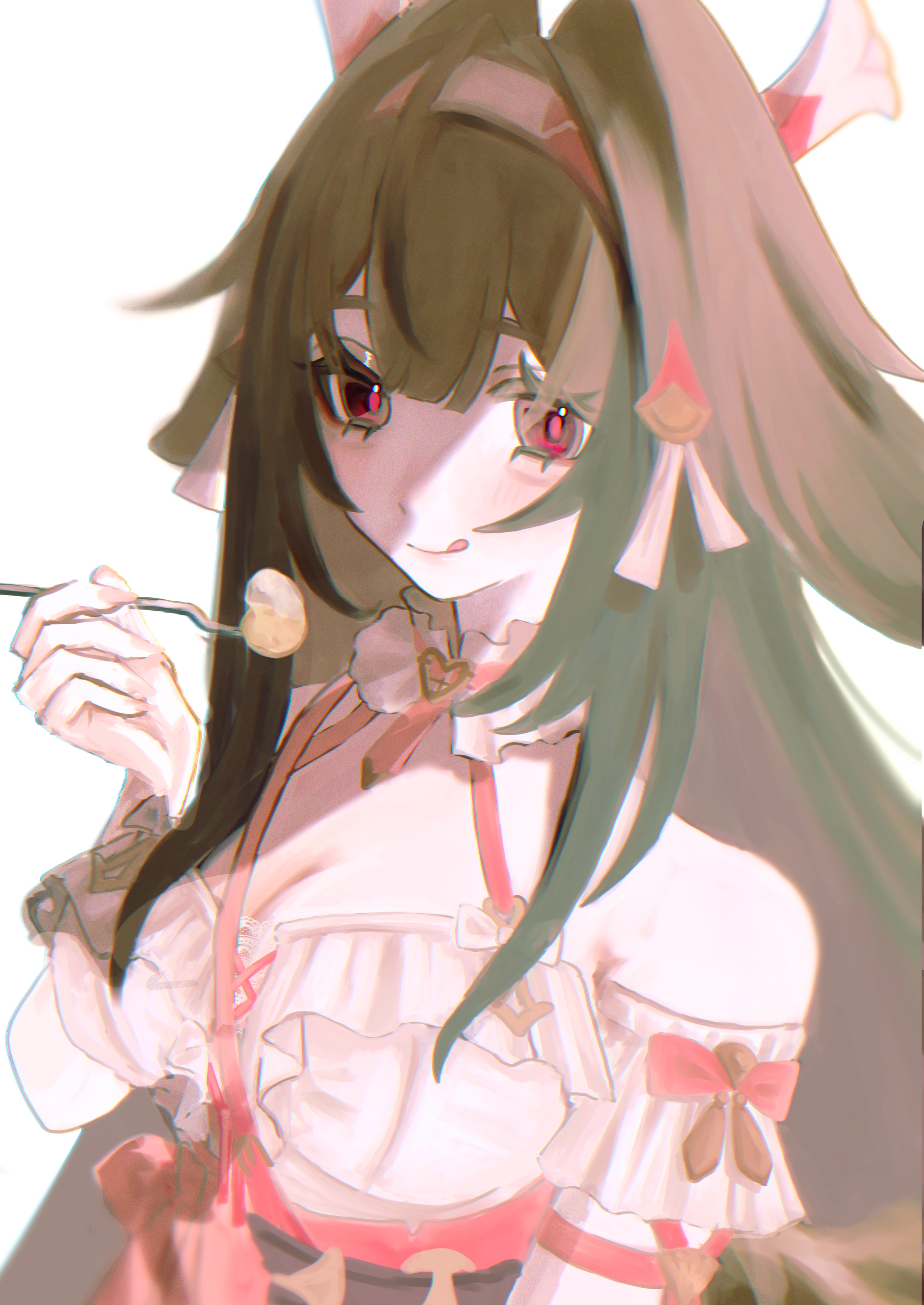 ye shunguang, zenless zone zero, absurdres, commentary request, highres, 1girl, armband, bare shoulders, blush, breasts, brown hair, cleavage, cross-laced clothes, cross-laced top, droopy ears, frilled armband, frilled shirt, frilled shirt collar, frills, hairband, hand up, high-waist skirt, hisui sui, holding, holding spoon, large breasts, licking lips, long hair, looking at viewer, official alternate costume, red eyes, shirt, shirt tucked in, simple background, skirt, solo, spoon, tongue, tongue out, upper body, white armband, white background, white hairband, white shirt