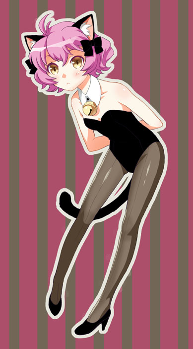 mattaku mousuke, original, 1girl, ahoge, animal ears, blush, brown eyes, cat ears, cat tail, female focus, kittysuit, legs, nontraditional playboy bunny, pantyhose, pink hair, short hair, solo, tail