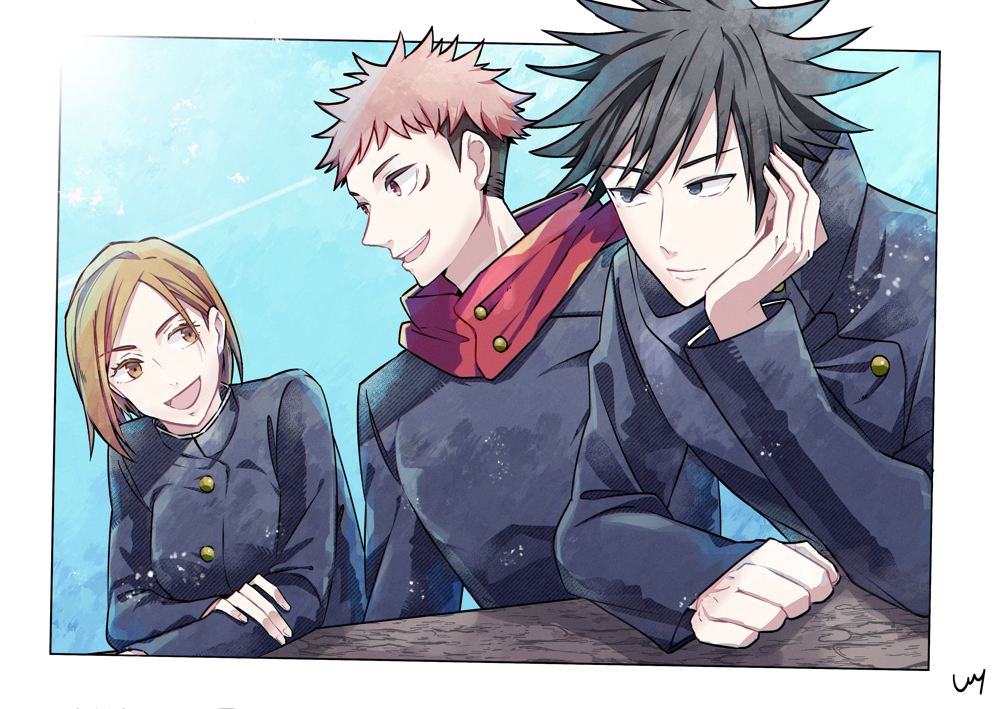 sin 3794, fushiguro megumi, itadori yuuji, kugisaki nobara, jujutsu kaisen, absurdres, commentary request, highres, 1girl, 2boys, black hair, blue jacket, blue sky, border, brown eyes, brown hair, buttons, closed mouth, elbow rest, facial mark, hand on own cheek, hand on own face, hood, hood down, hoodie, jacket, jujutsu tech uniform, long sleeves, looking at another, multiple boys, open mouth, outside border, red hoodie, short hair, sky, spiked hair, upper body, white border