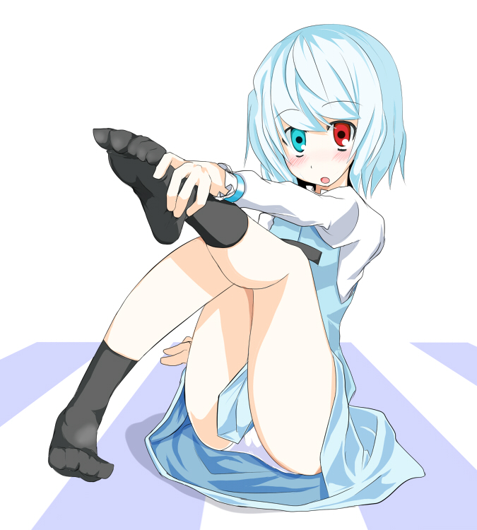 kasuka, khiwatari, tatara kogasa, touhou, 1girl, bad anatomy, bad feet, feet, female focus, heterochromia, panties, poorly drawn, socks, solo, underwear