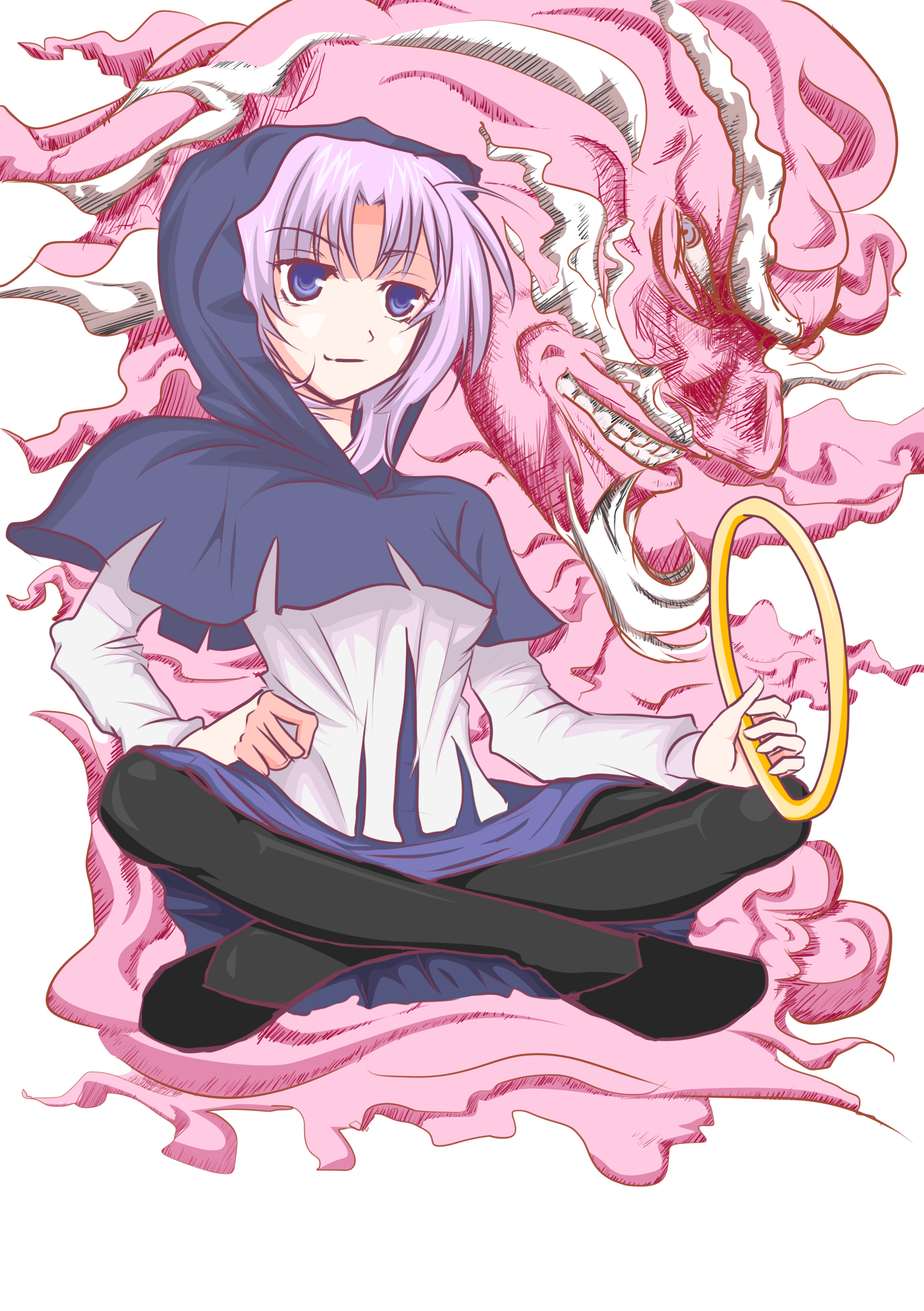 shougun, kumoi ichirin, unzan, touhou, absurdres, highres, 1boy, 1girl, blue eyes, bracelet, cloud, hood, jewelry, pantyhose, purple hair, ring, short hair, sitting