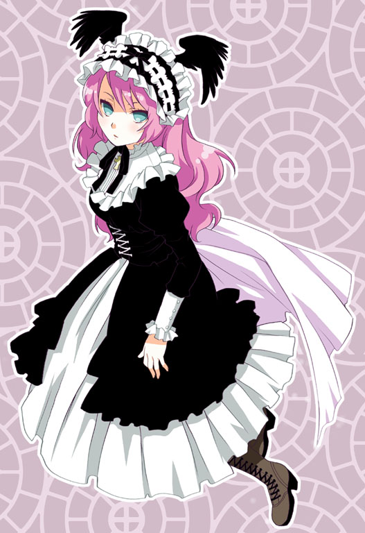 mattaku mousuke, original, blue eyes, blush, boots, dress, goth fashion, head wings, high heel boots, high heels, lace-up boots, long hair, pink hair, solo, wings