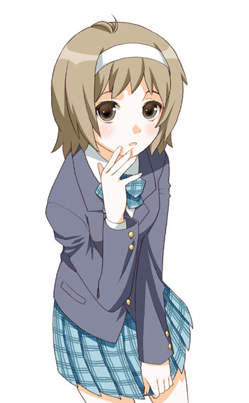 mattaku mousuke, blush, brown hair, hairband, school uniform, short hair, simple background, skirt