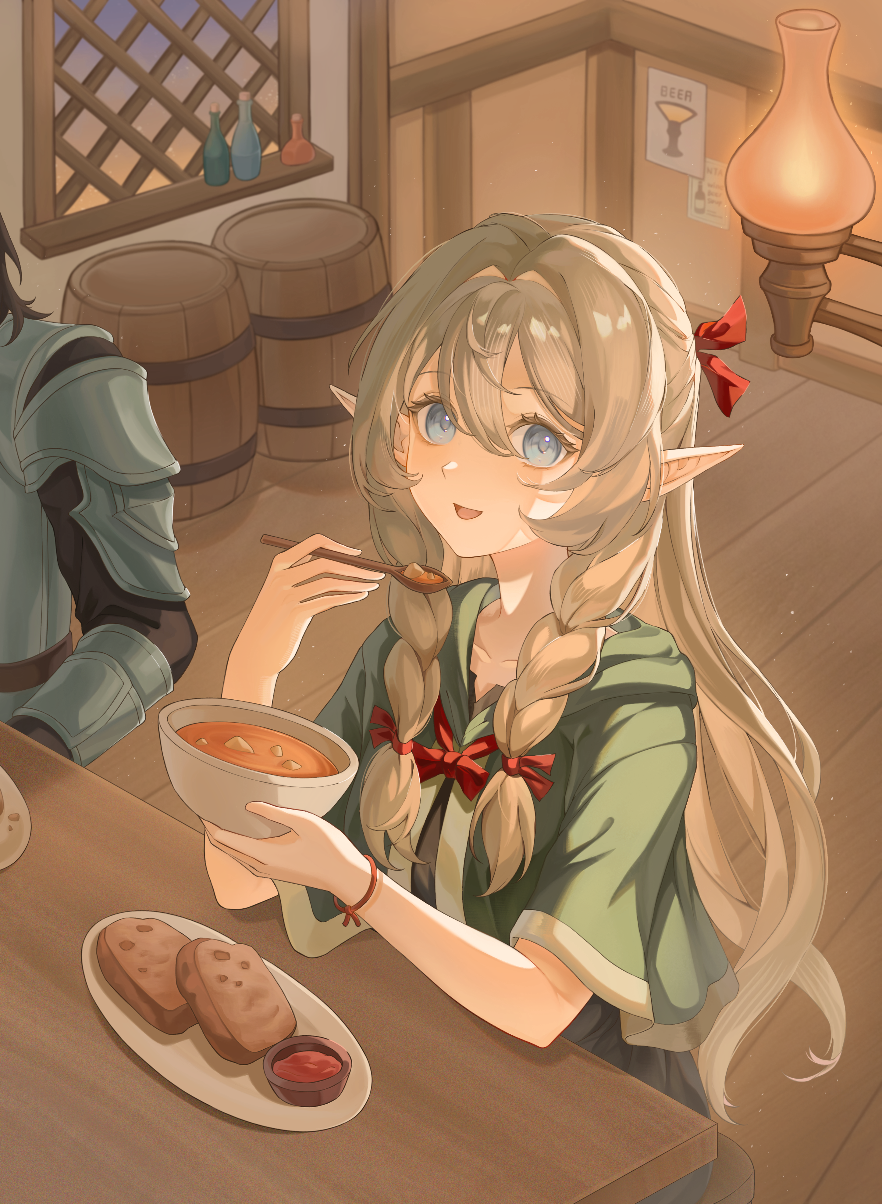 baccapy0806, original, absurdres, commentary, highres, symbol-only commentary, 1girl, 1other, armor, barrel, blonde hair, blue eyes, bowl, braid, bread, bread slice, capelet, eating, elf, fantasy, food, green capelet, hair between eyes, hair ribbon, holding, holding bowl, holding spoon, indoors, lamp, long hair, looking at viewer, parted lips, pointy ears, red ribbon, ribbon, shoulder armor, side braids, solo focus, soup, spoon, twin braids, vambraces, wooden floor