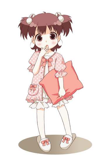 mattaku mousuke, original, bloomers, blush, brown hair, child, pajamas, pillow, short hair, short twintails, simple background, slippers, solo, twintails, underwear, yawning