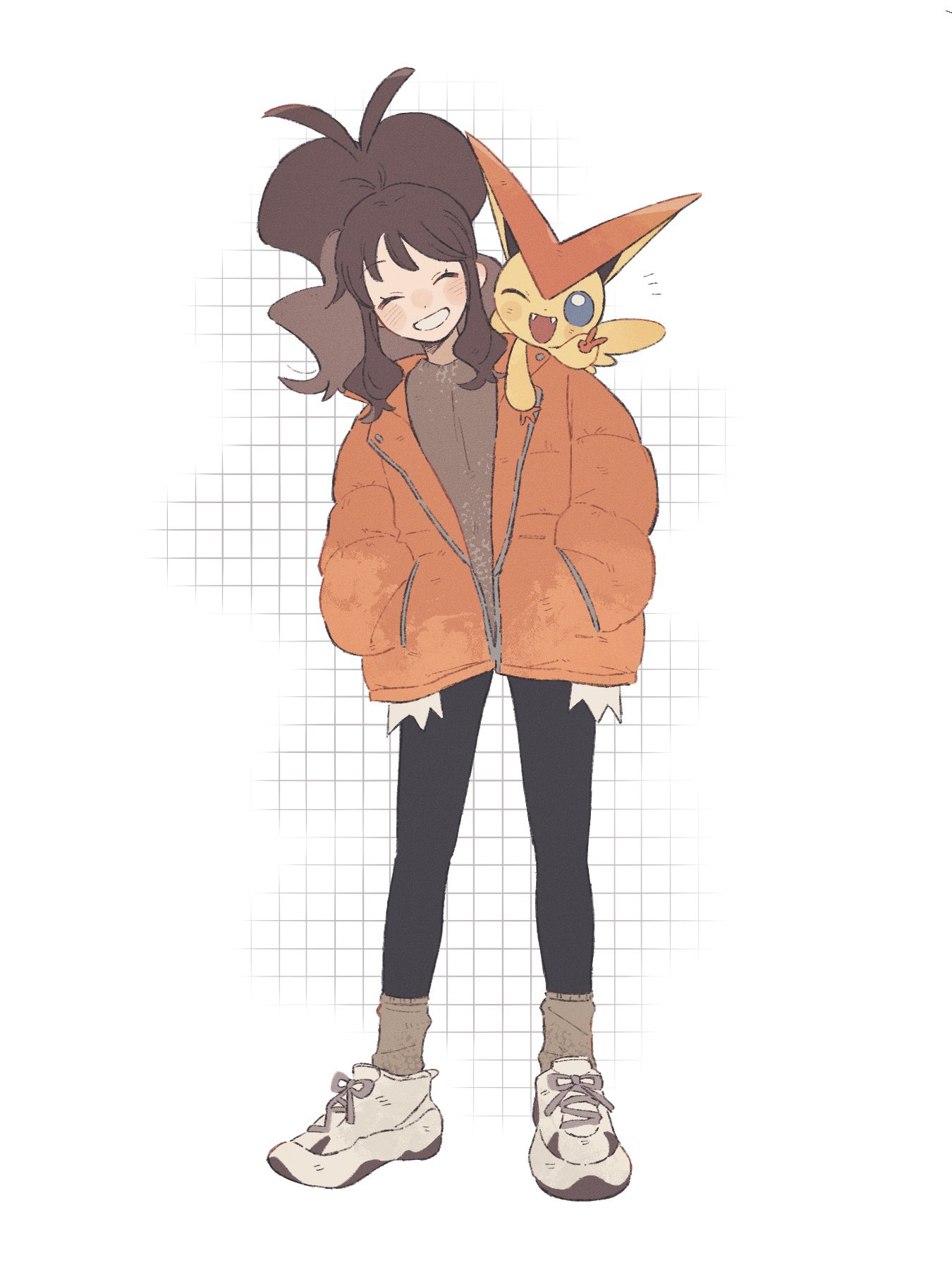 hime (himetya105), hilda (pokemon), victini, nintendo, pokemon, pokemon bw, highres, 1girl, black leggings, blue eyes, blush, brown hair, brown sweater, closed eyes, coat, gen 5 pokemon, hands in pockets, high ponytail, legendary pokemon, leggings, long hair, long sleeves, looking at viewer, mythical pokemon, on shoulder, one eye closed, open mouth, orange coat, pokemon (creature), pokemon on shoulder, ponytail, shoes, sidelocks, smile, socks, sweater, v