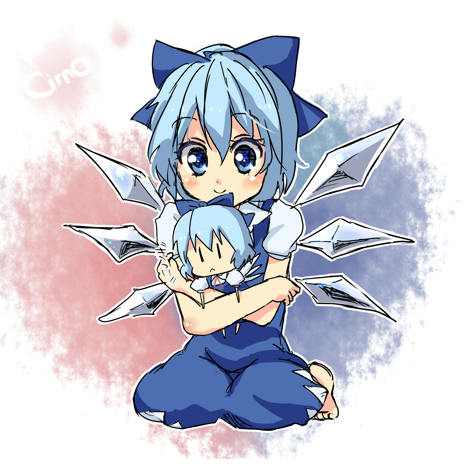 dreamchips, sayabicchi, cirno, touhou, highres, 1girl, barefoot, blue eyes, blue hair, bow, chibi, doll, female focus, matching hair/eyes, short hair, solo, wings