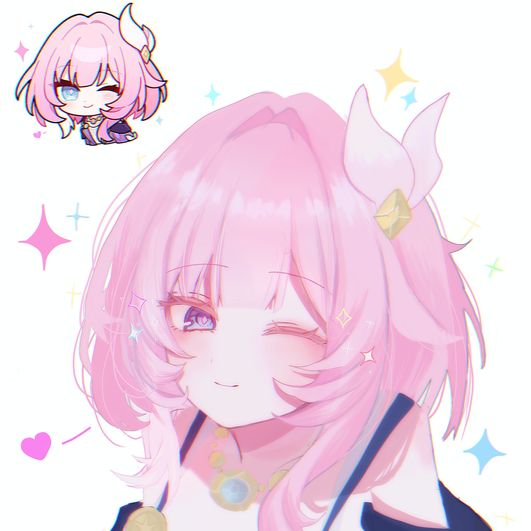 cyrene (aedes elysiae) (honkai: star rail), cyrene (honkai: star rail), honkai: star rail, honkai (series), commentary request, highres, 1girl, ;), bare shoulders, blue eyes, chibi, chibi inset, coat, hair ornament, heart, honkai: star rail sticker redraw (meme), jewelry, looking at viewer, meme, multicolored hair, necklace, nemui 02190, one eye closed, pink hair, purple coat, short hair, simple background, smile, solo, two-tone hair, white background, white hair
