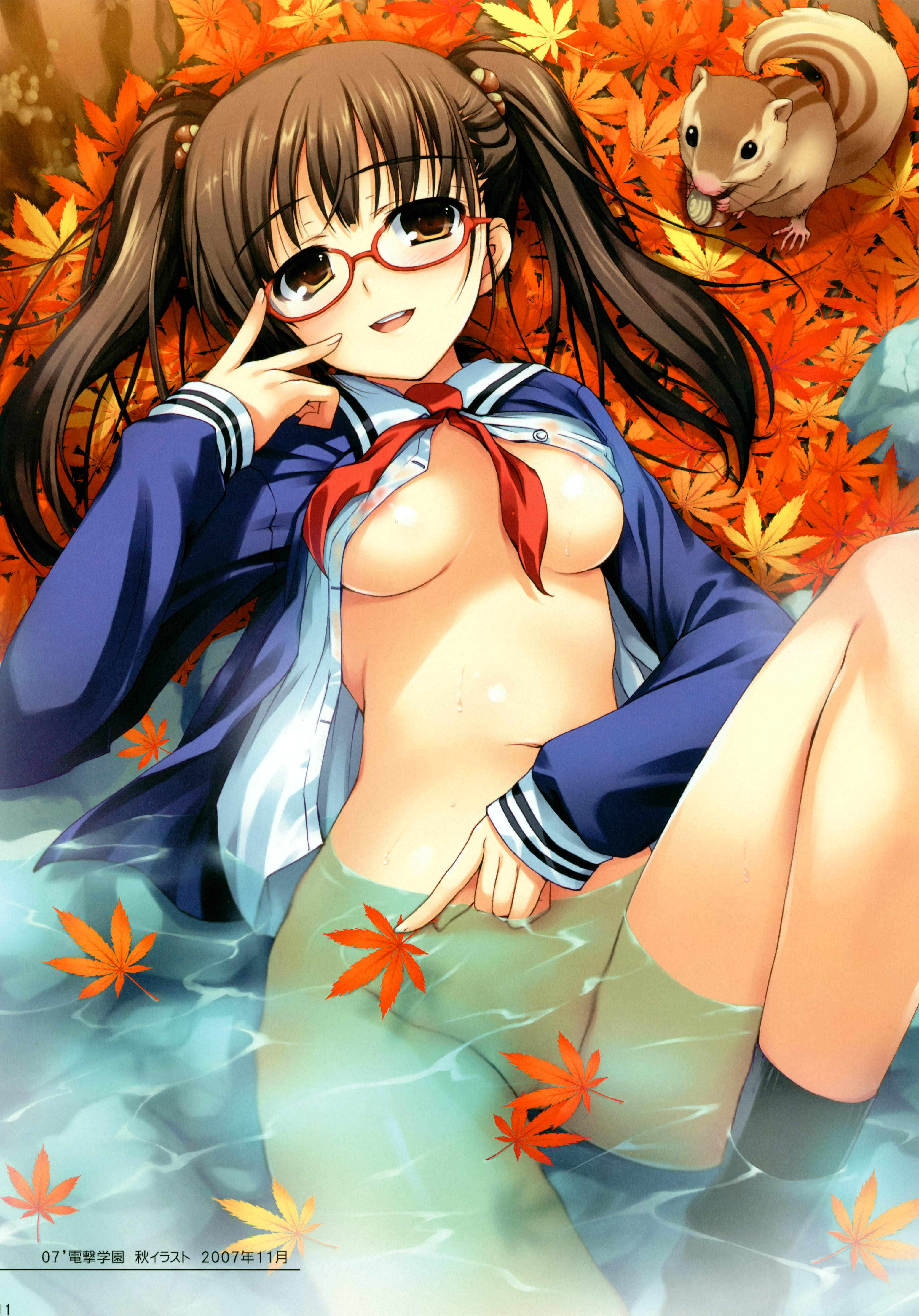 tomose shunsaku, original, absurdres, highres, 1girl, adjusting eyewear, autumn, autumn leaves, black hair, bottomless, breasts, brown eyes, brown hair, censored, chipmunk, convenient censoring, female focus, glasses, groin, hair bobbles, hair ornament, leaf, long hair, lying, medium breasts, nipple slip, nipples, no bra, open clothes, open shirt, school uniform, see-through clothes, shirt, socks, solo, squirrel, twintails, underboob, water, wet, wet clothes