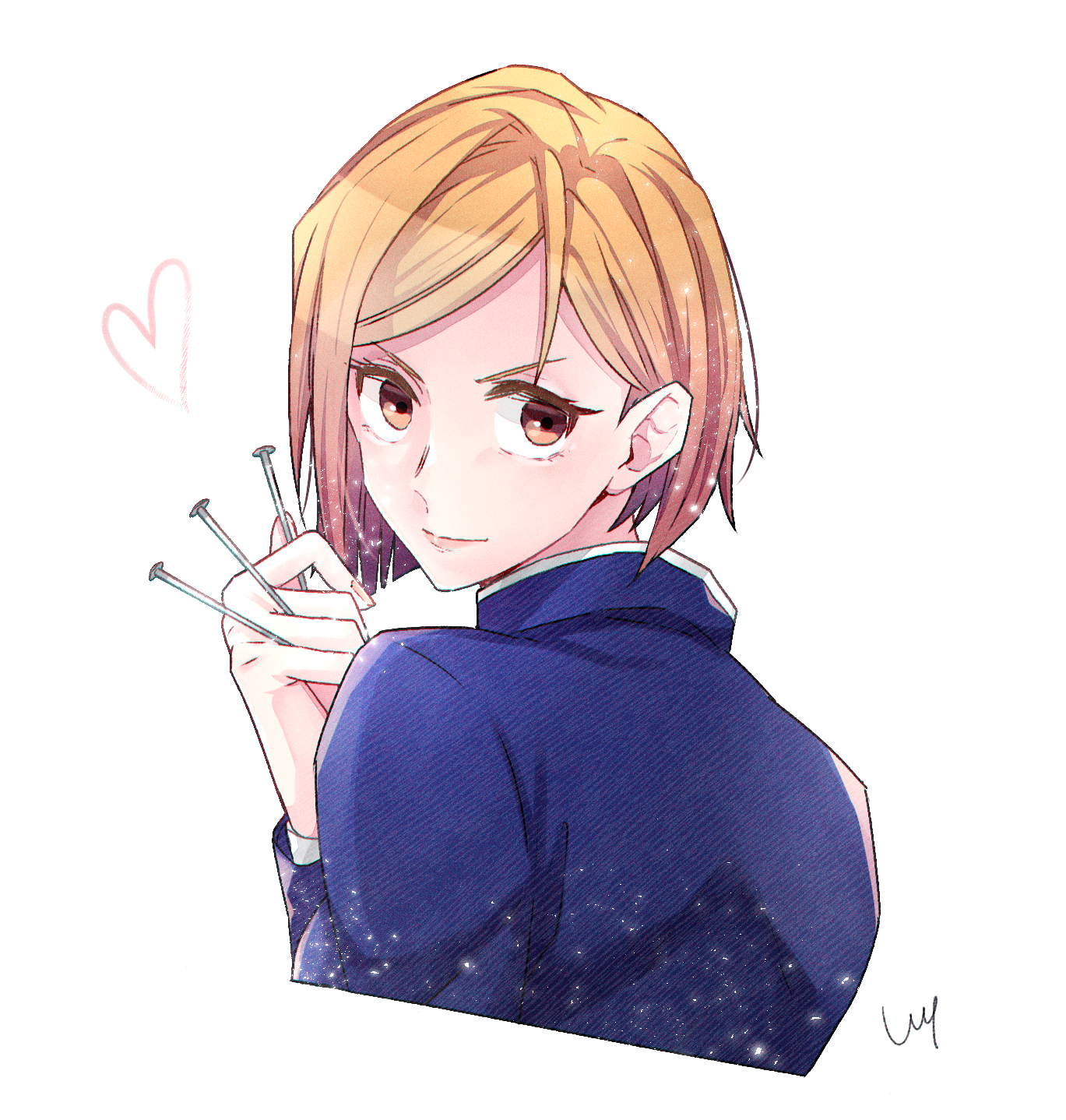 sin 3794, kugisaki nobara, jujutsu kaisen, commentary request, highres, 1girl, blue jacket, brown eyes, brown hair, closed mouth, cropped torso, from behind, hair behind ear, heart, holding, holding nail, jacket, jujutsu tech uniform, long sleeves, looking at viewer, looking back, nail (hardware), short hair, signature, simple background, solo, upper body, white background
