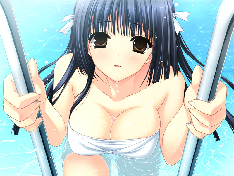 suzuhira hiro, himenomiya kaguya, stellar theater, game cg, 1girl, black hair, bow, breasts, brown eyes, cleavage, female focus, hair bow, large breasts, long hair, pool, ribbon, solo, swimsuit, wet